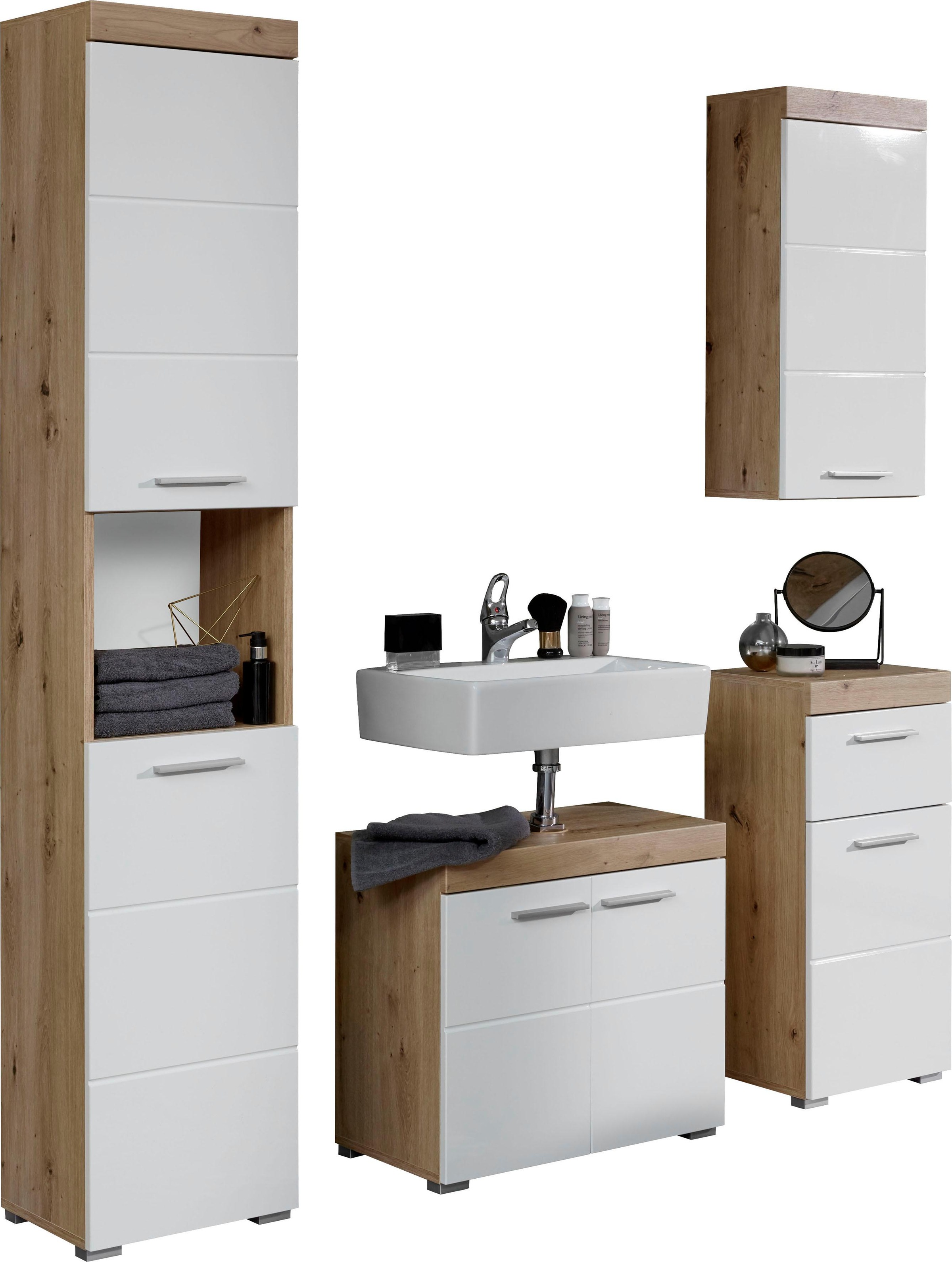 trendteam Badmöbel-Set Amanda, (Set, 4 St.), mit Hoch-, Waschbeckenunter-, Hänge- und Unterschrank, wechselbare Türanschläge, MDF-Fronten in Hochglanz- oder Holzoptik