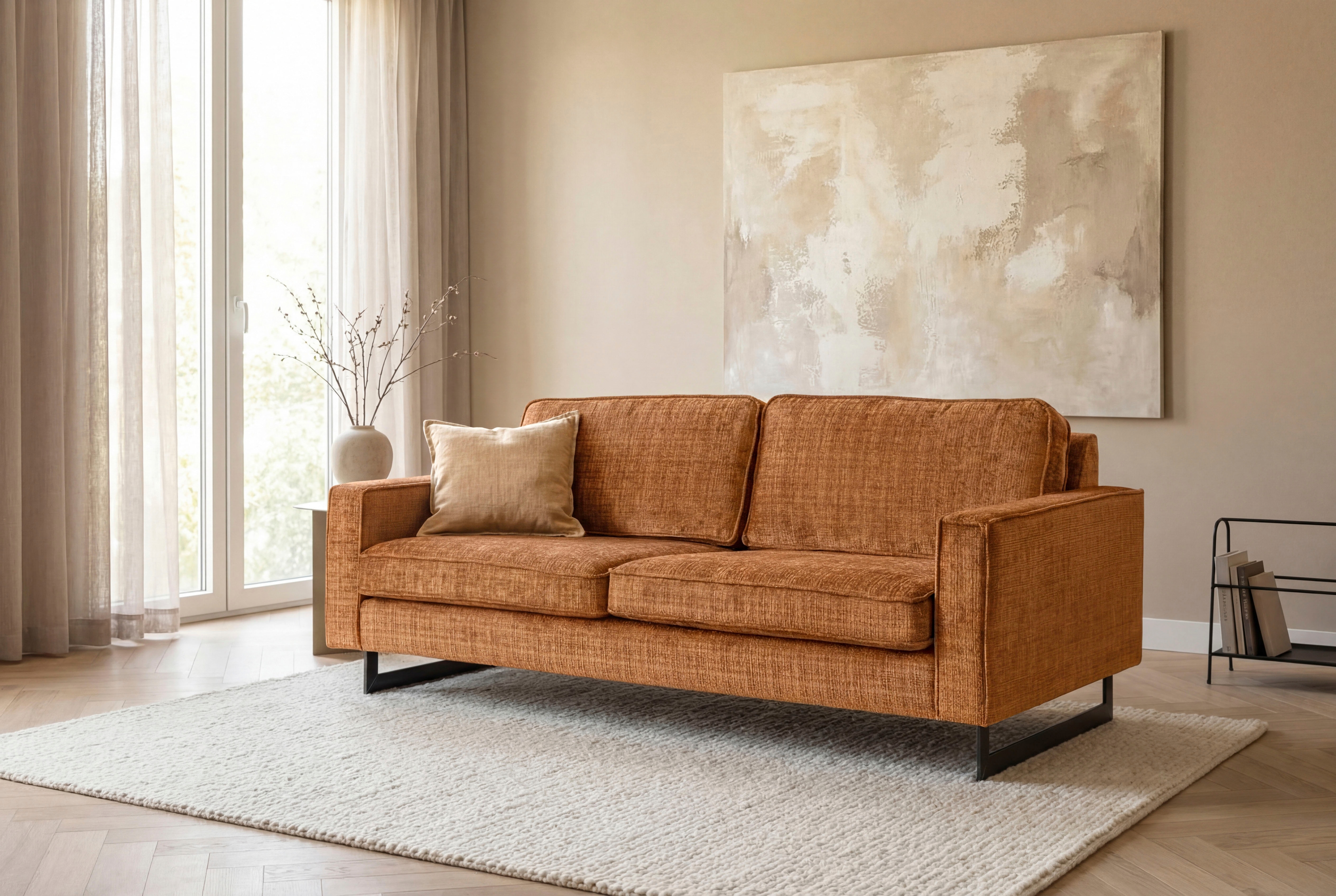 OTTO home 3-Sitzer "Pinto, 206 cm, Cord, Chenille, Lederoptik" mit Keder, schwarze Metallfüße, Wellenunterfederung