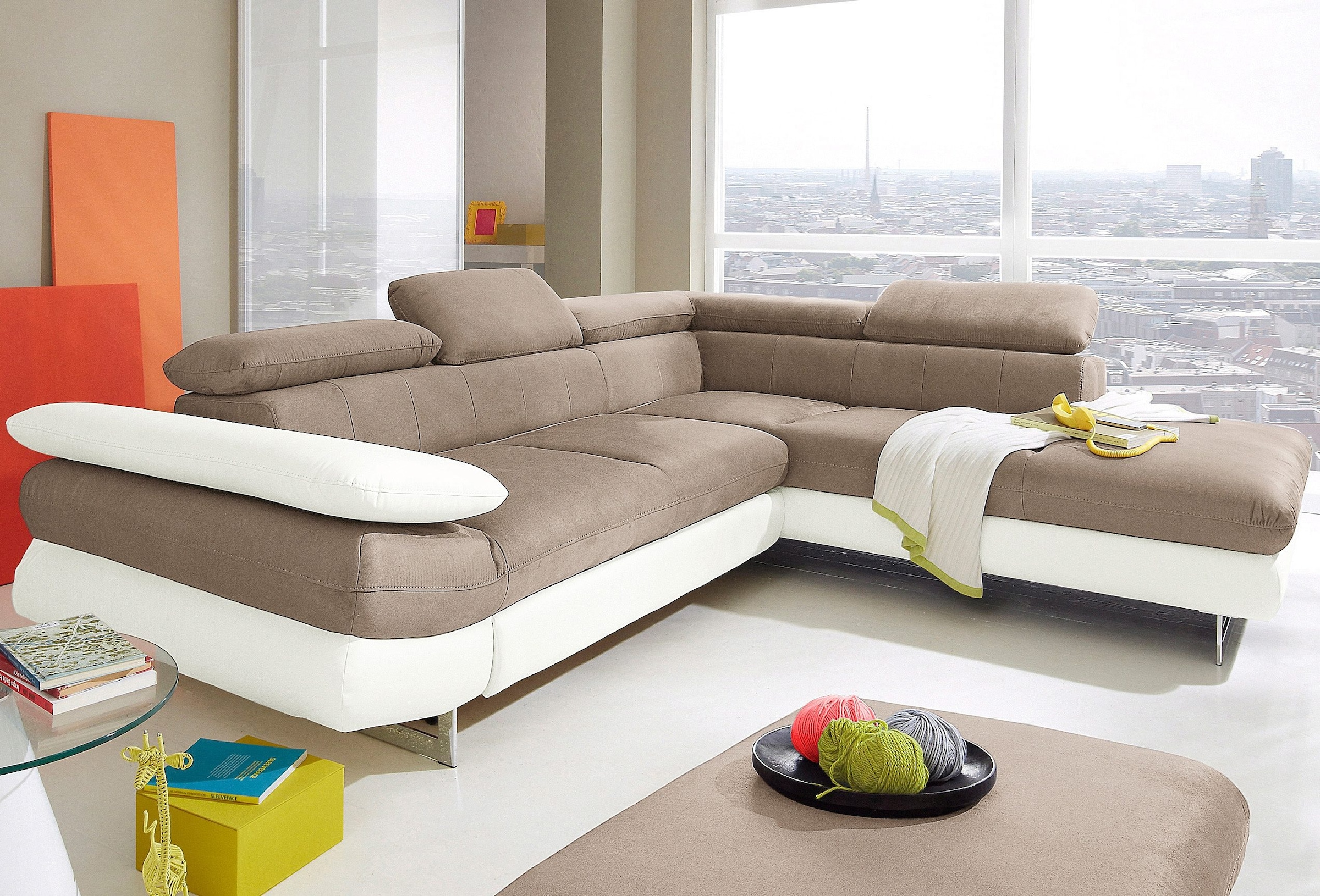 COTTA Ecksofa "Solution L-Form, Design Sofa, bequeme Wellenunterfederung, Design Fuß" mit Arm- & Kopfteilverstellung, wahlweise mit Schlaffunktion