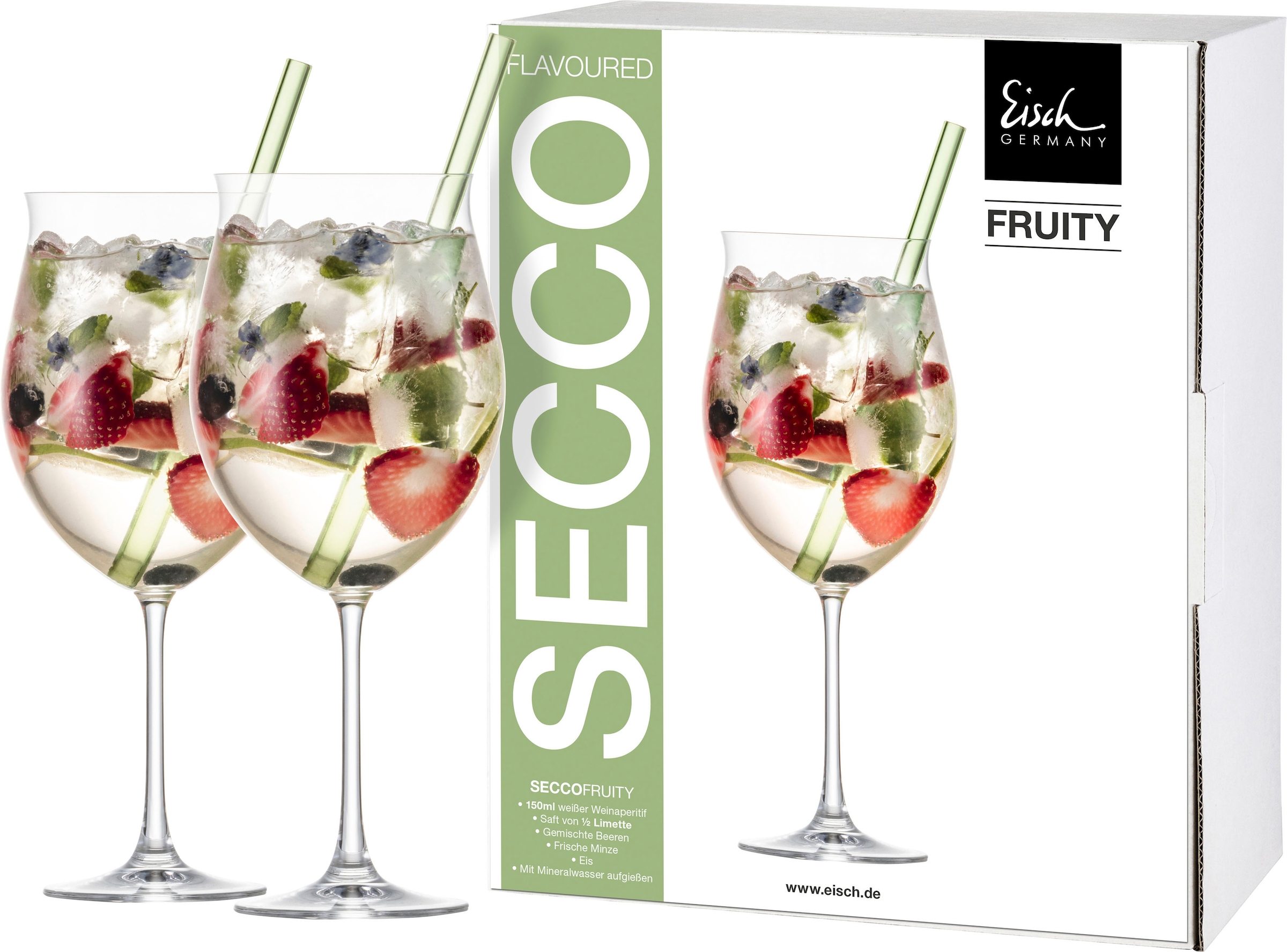 Eisch Cocktailglas »SECCO FLAVOURED«, (Set, 2 tlg., 2 Gläser im Geschenkkarton), Fruity, mit grünem Glashalm, 2-teilig
