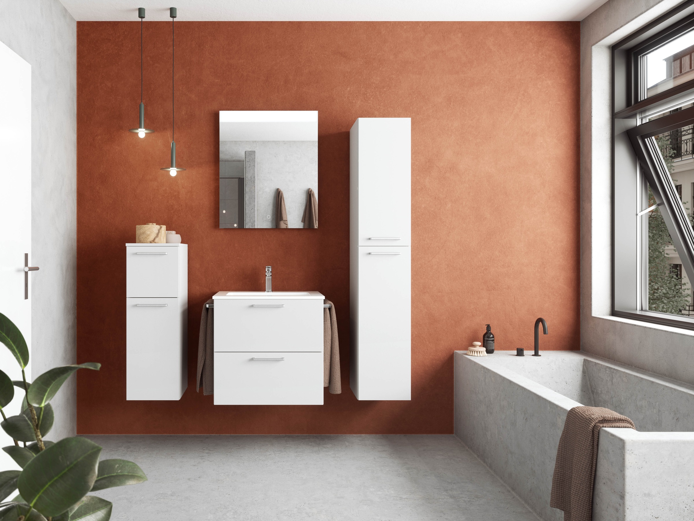 nobilia® Badmöbel-Set »Tolvina«, (4 St., vormontiert, mit Soft-Close), Hochglanz, inkl. Spiegel mit Touch-Sensor, in vier Breiten