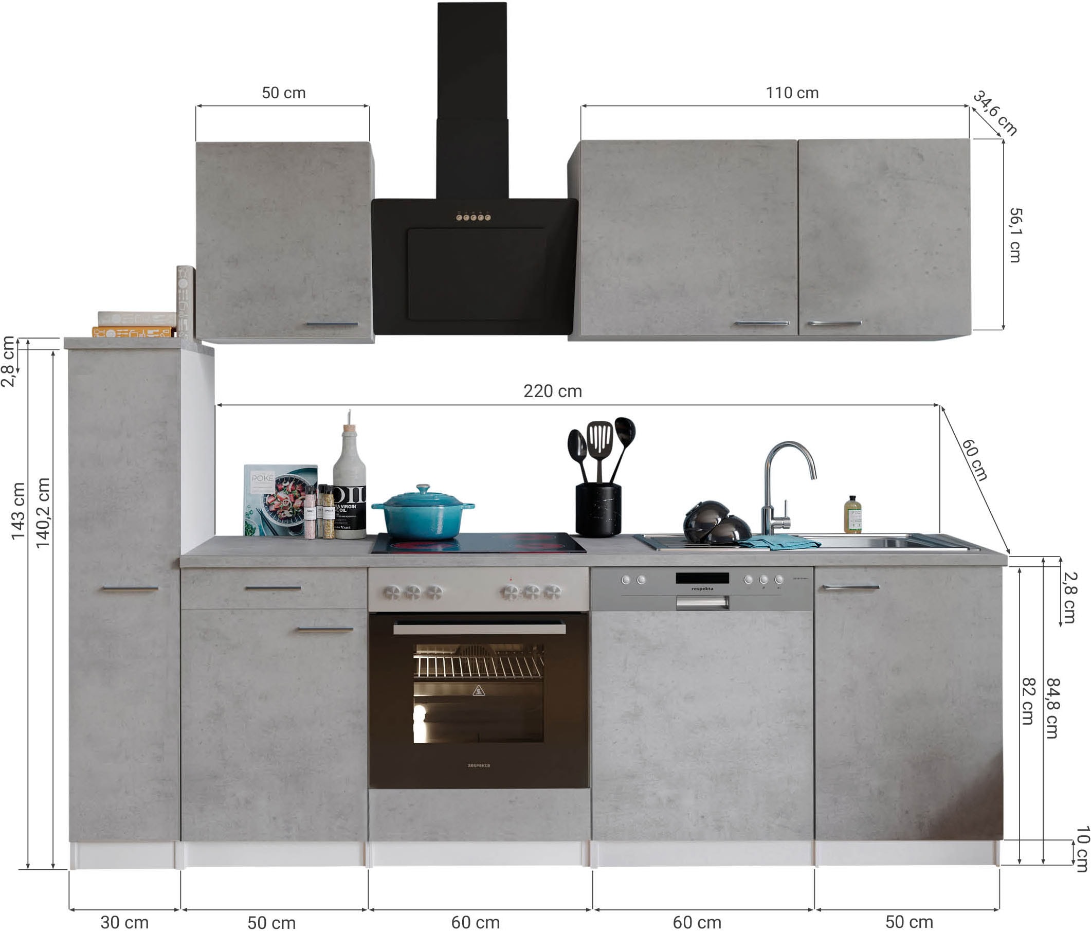 RESPEKTA Küchenzeile »Malia«, Breite 250 cm, 85 cm Arbeitshöhe