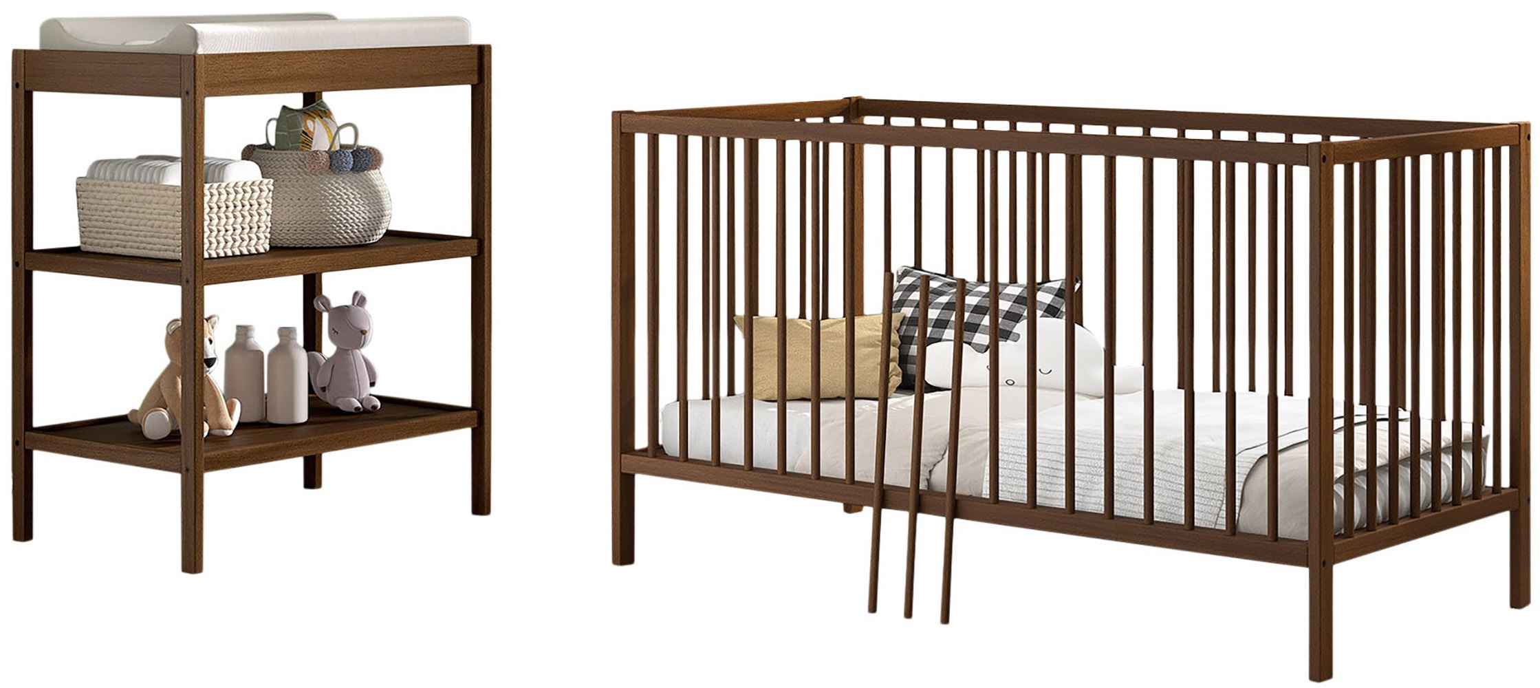 Babymöbel-Set VIPACK "DINO, ideal für Ihr Kinderzimmer, Made in Europe, Buche massiv", buche nussbaum farbig, Einlasstiefe Lattenrost ca. 18,3cm, 33,9cm und 49,5cm + ohne Matratze, B/H: 70cm x 140cm, Einlasstiefe Lattenrost ca. 18,3cm, 33,9cm und 49,5cm, 