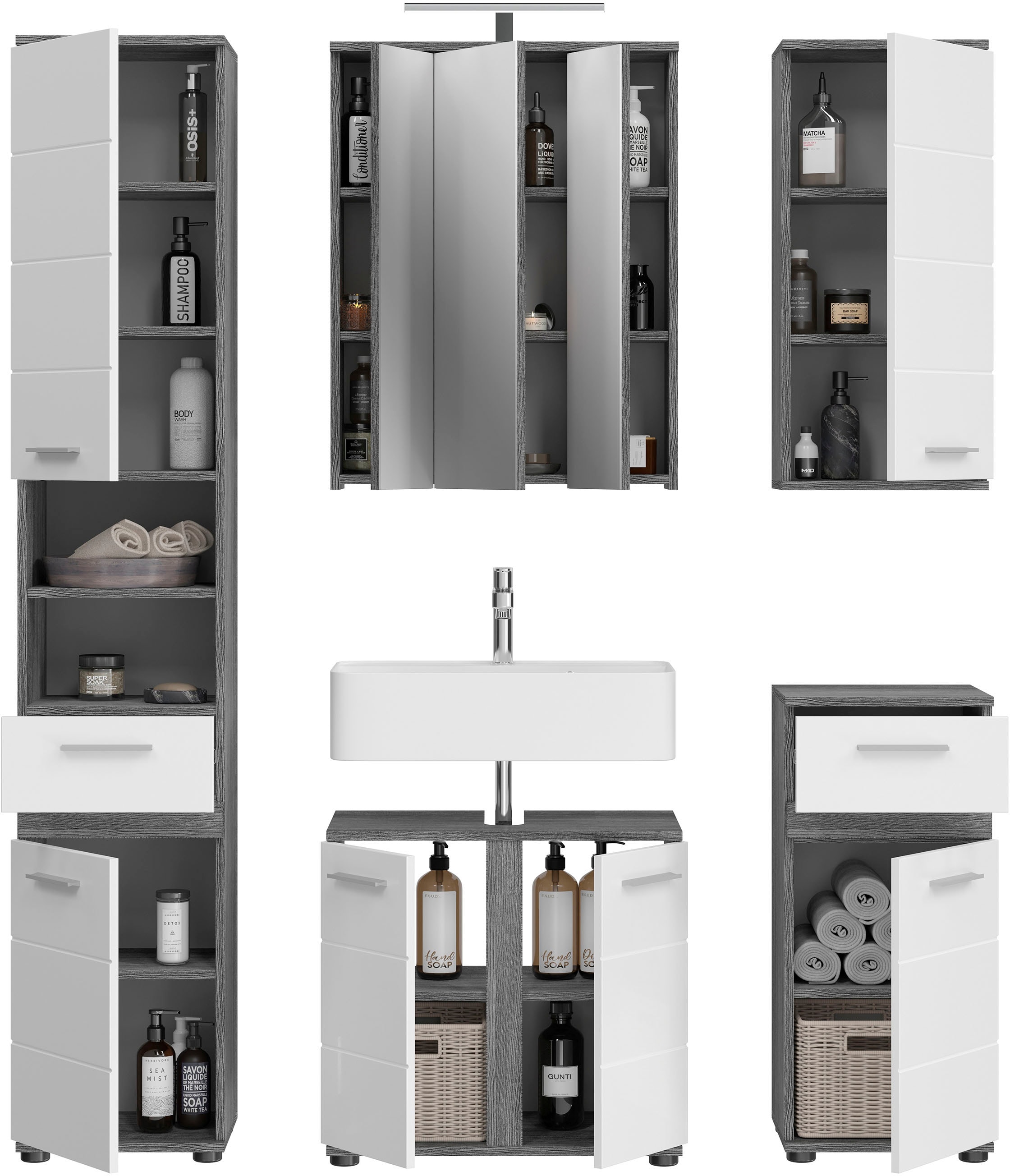 welltime Badmöbel-Set »LUCCA, 5-teilig, TOPSELLER!, inklusive LED Beleuchtung, bestehend aus:«, (Set, 5 St.), Hochschrank, WBU, Spiegelschrank, Unterschrank, Hängeschrank