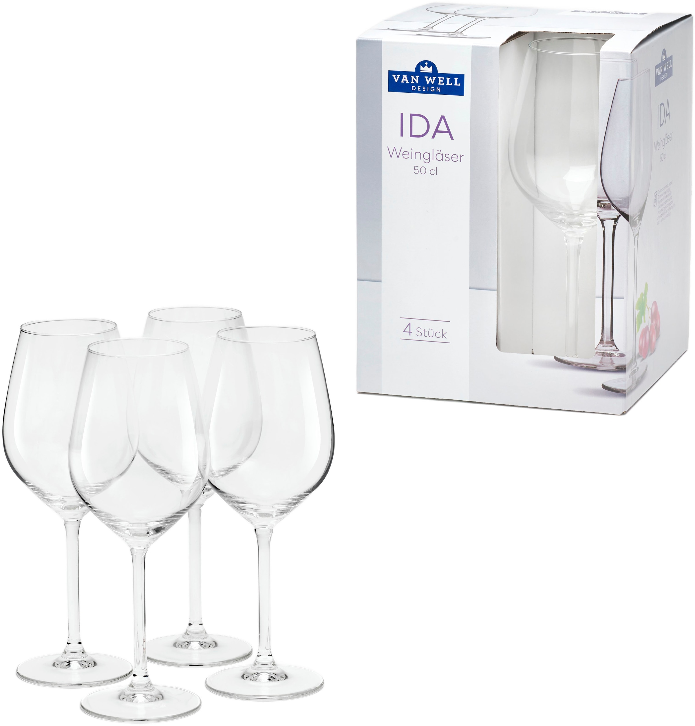 van Well Weinglas »Ida«, (Packung, 4 tlg., 4 Weingläser), spülmaschinengeeignet, 50 cl, 4-teilig