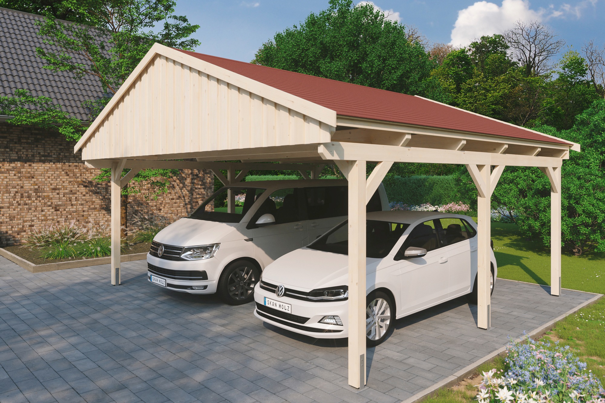 Skanholz Doppelcarport "Fichtelberg", Leimholz-Nordisches Fichtenholz, natur, mit roten Schindeln