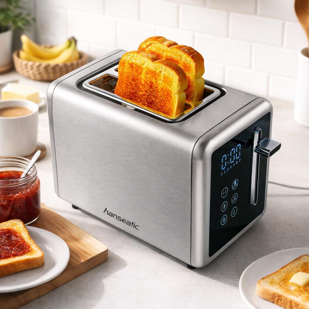 HANSEATIC Toaster "HT9007BD, mit Brötchenaufsatz", silber (silberfarben, schwarz), B:16cm H:19cm T:28cm, Toaster, LED-Display mit Timerfunktion 2