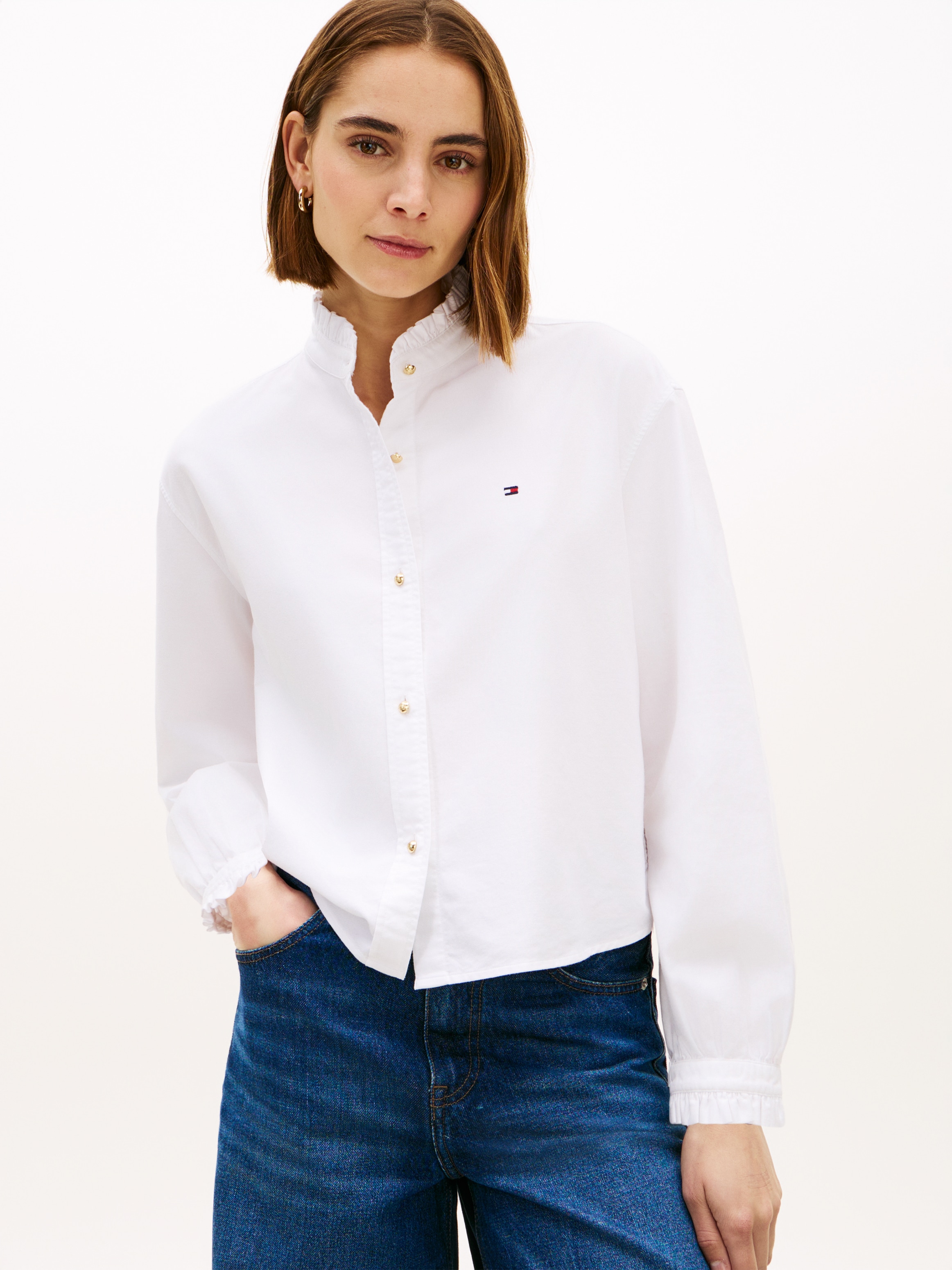 Tommy Hilfiger Langarmbluse »OXFORD CROP RUFFLE LS SHIRT« mit Rüschen-Details, boxy