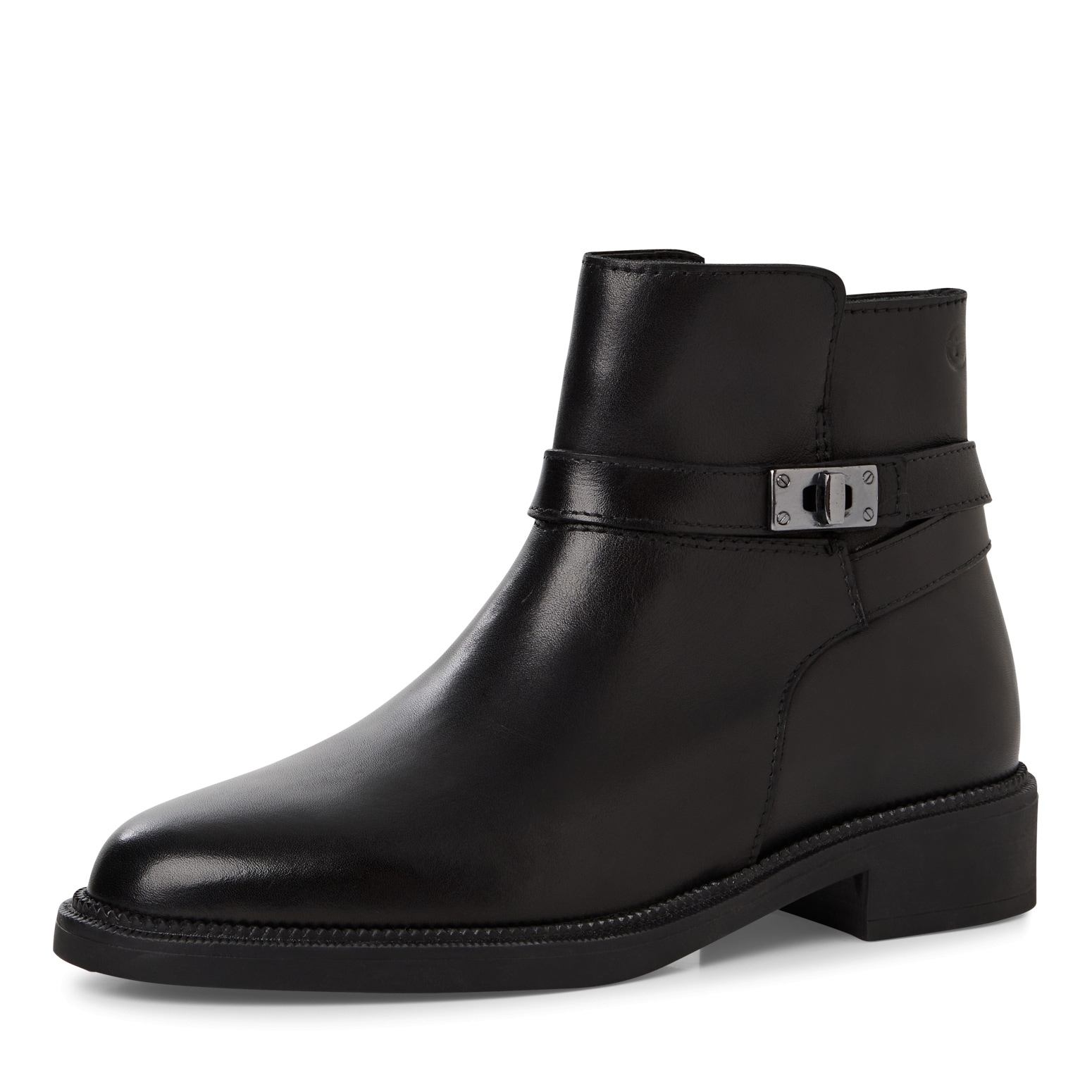 Stiefelette TAMARIS, Damen, Gr. 37, schwarz, Leder, unifarben, Schuhe Stiefelette, Blockabsatz, Businesschuh mit dezentem Zierriemen mit Applikation