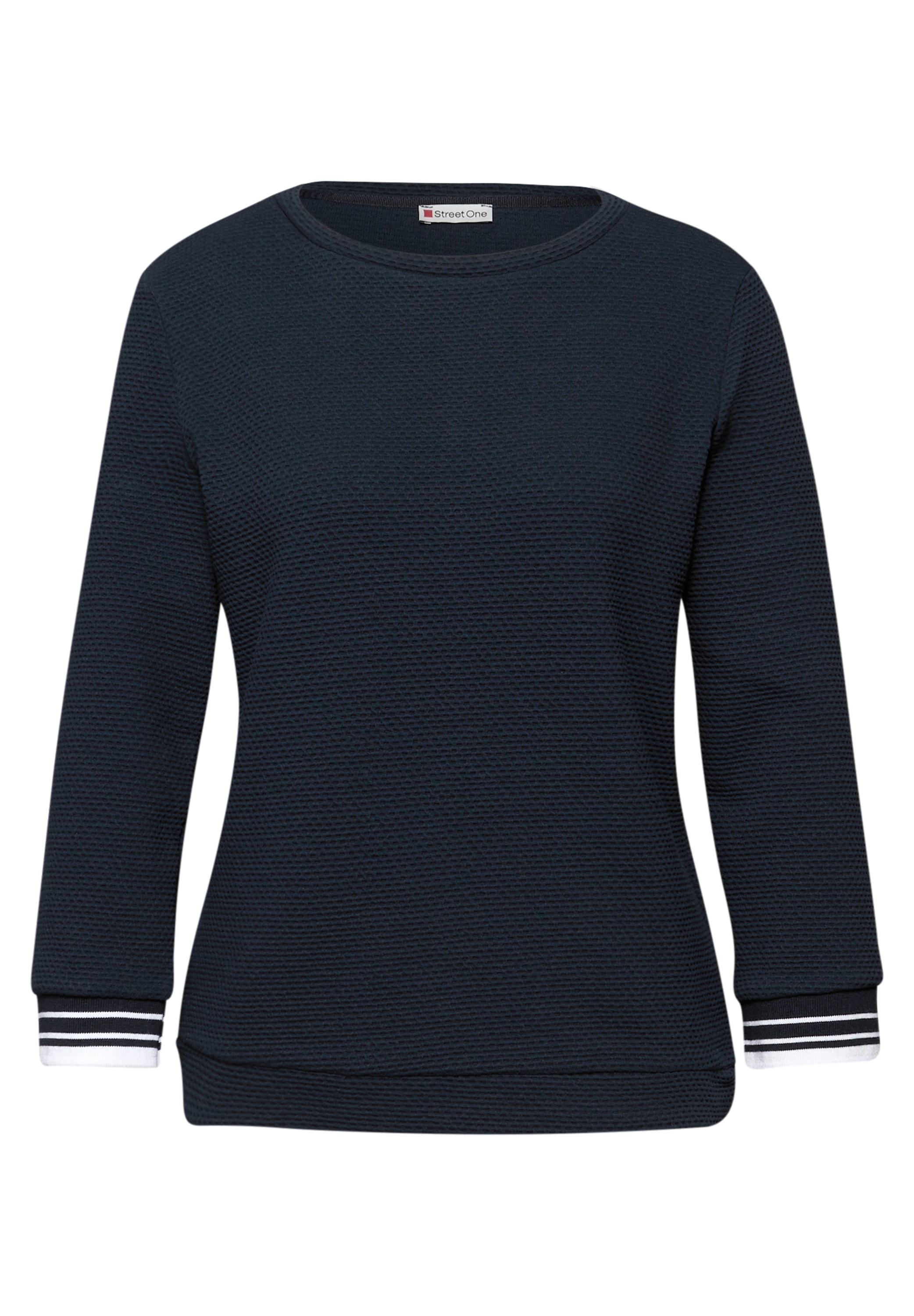 3/4-Arm-Shirt STREET ONE, Damen, Gr. 40, shadowed navy, Web, 86% Baumwolle, 12% Polyester, 2% Elasthan, unifarben, comfort fit normal, U-Boot-Ausschnitt, Rippbündchen, Shirts 3/4-Arm-Shirt, mit U-Boot-Ausschnitt 3