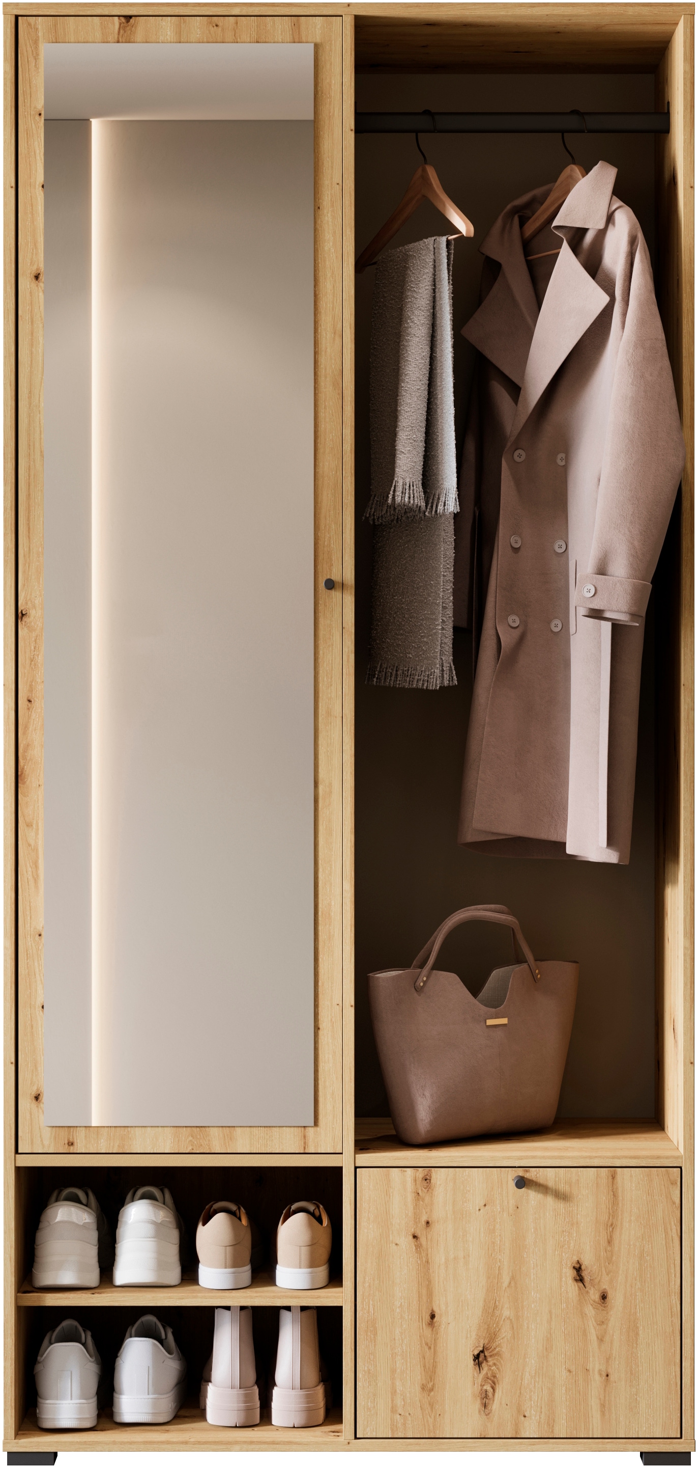 INOSIGN Garderobenschrank »DINO Kompaktgarderobe, Garderoben-Set DINO«, Mit Spiegel und Kleiderstange, 90 cm breit, Türanschlag wechselbar