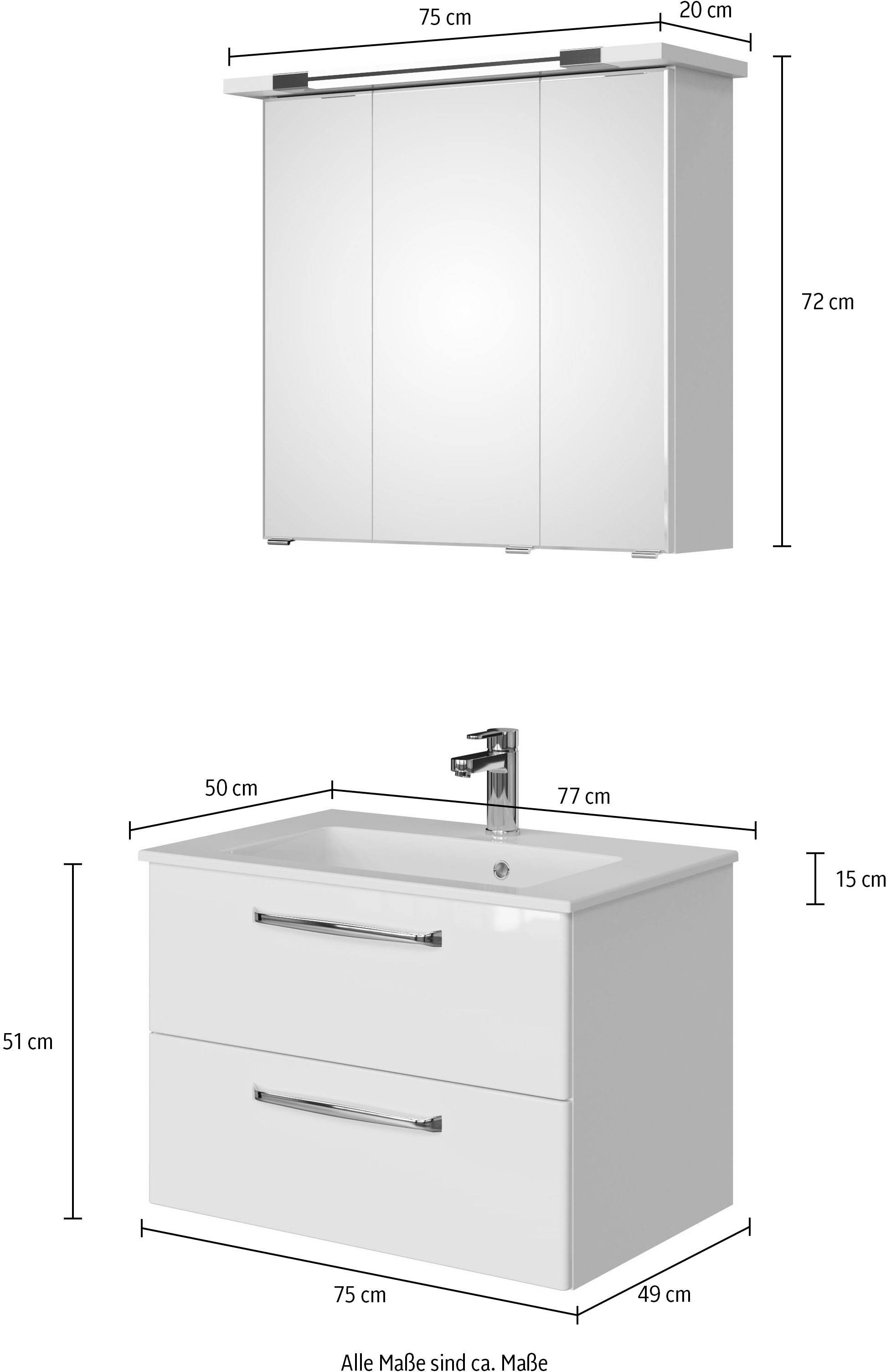 Saphir Badmöbel-Set »Trentino 2-tlg. Mineralmarmor-Waschtisch,Spiegelschrank mit LED-Profil«, (3 St.), Badmöbel-Set 77cm breit, inkl. Türdämpfer, 3 Türen, 2 Auszügen