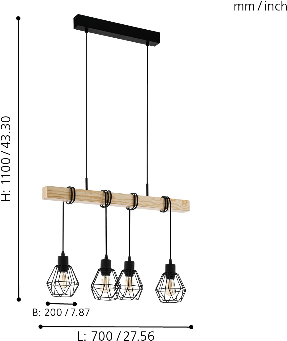 EGLO Pendelleuchte »TOWNSHEND 5«, 4 flammig, Leuchtmittel E27 | ohne Leuchtmittel, schwarz / L70 x H110 x B20 cm / Hängelampe aus Holz und Metall / Retro