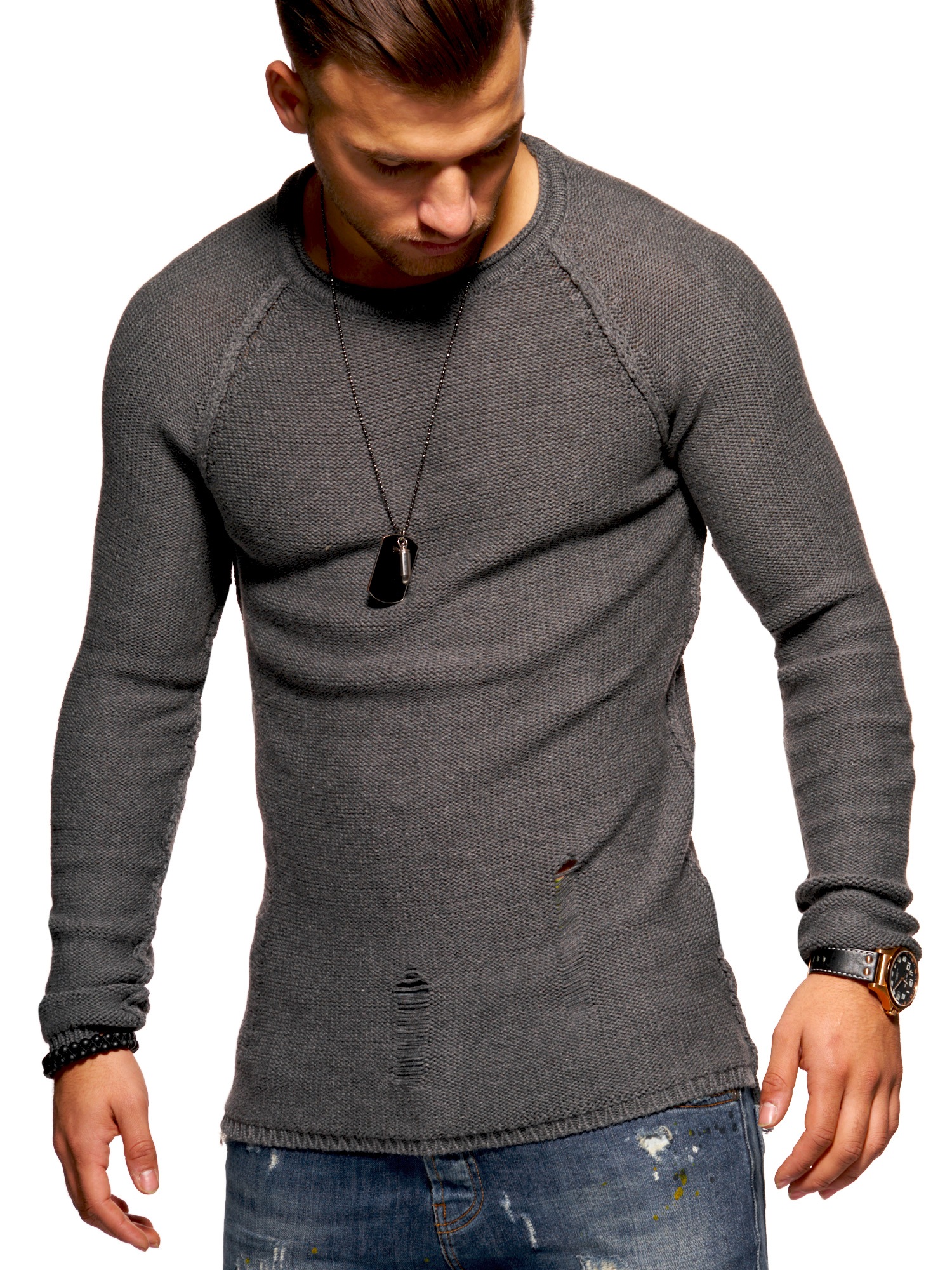 2Y Premium Strickpullover "JOSCHUA", mit Destroyed-Elementen