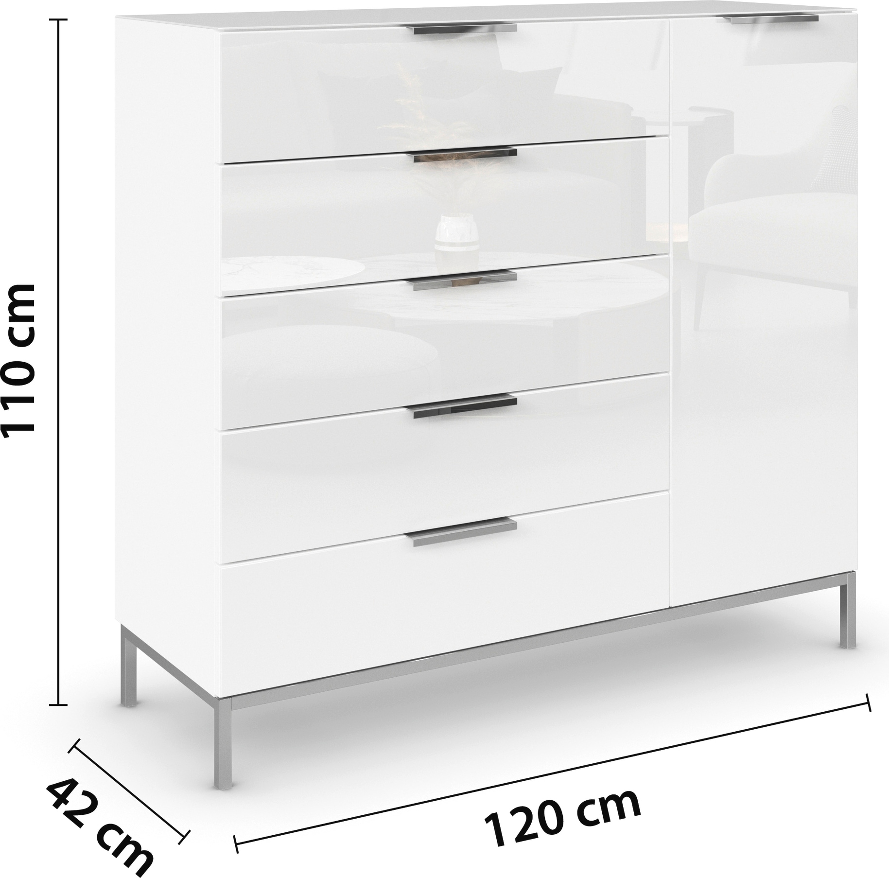 rauch Kombikommode »Kommode Türkommode Sideboard Kombikommode FLIPP mit Glasfront«, (Breite 120 cm mit 2 Einlegeböden), 1-türig, 5 Schubladen, Soft-Close-Funktion, Oberboden und Front Glas