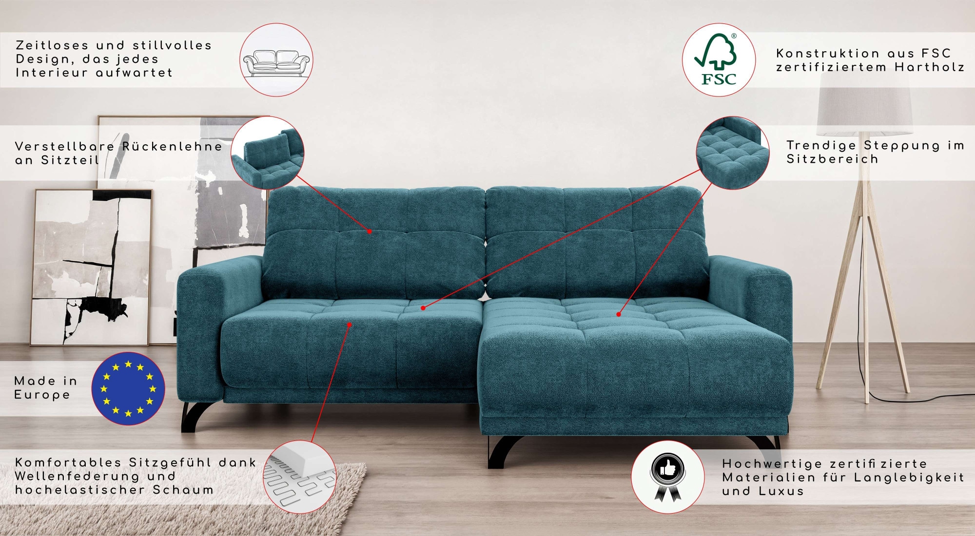 INOSIGN Ecksofa »FAIRVIEW mit verstellbaren Rückenlehne, Maße B/T/H: 234/174/93 cm«, L-Form mit Wellenunterfederung, Recamiere beidseitig montierbar