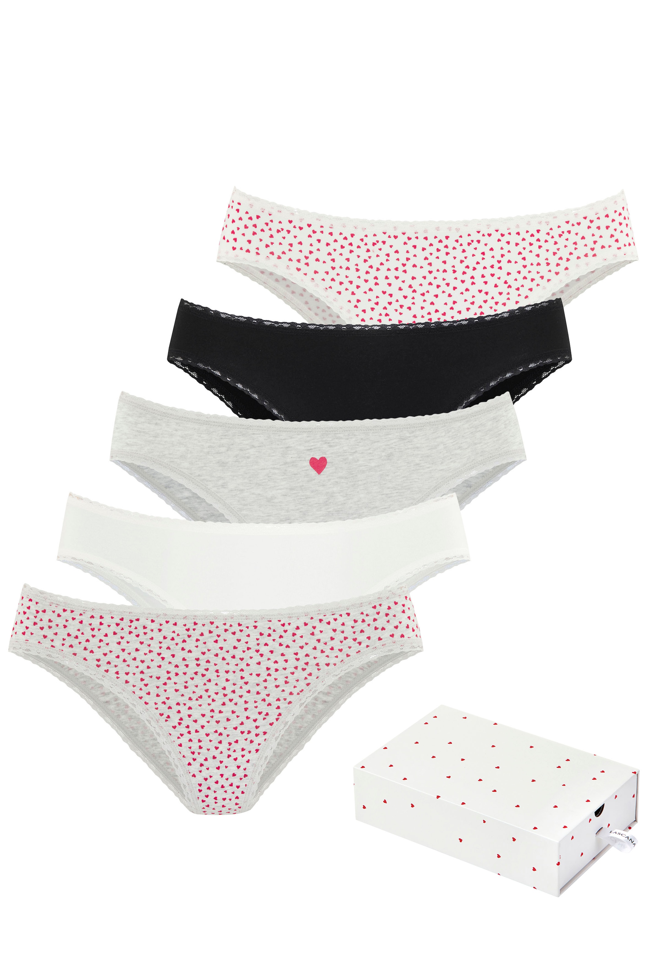 LASCANA Jazz-Pants Slips "Geschenk Box" 5er-Pack, mit süßen Herzchen-Prints und aus elastischer Baumwoll-Qualität