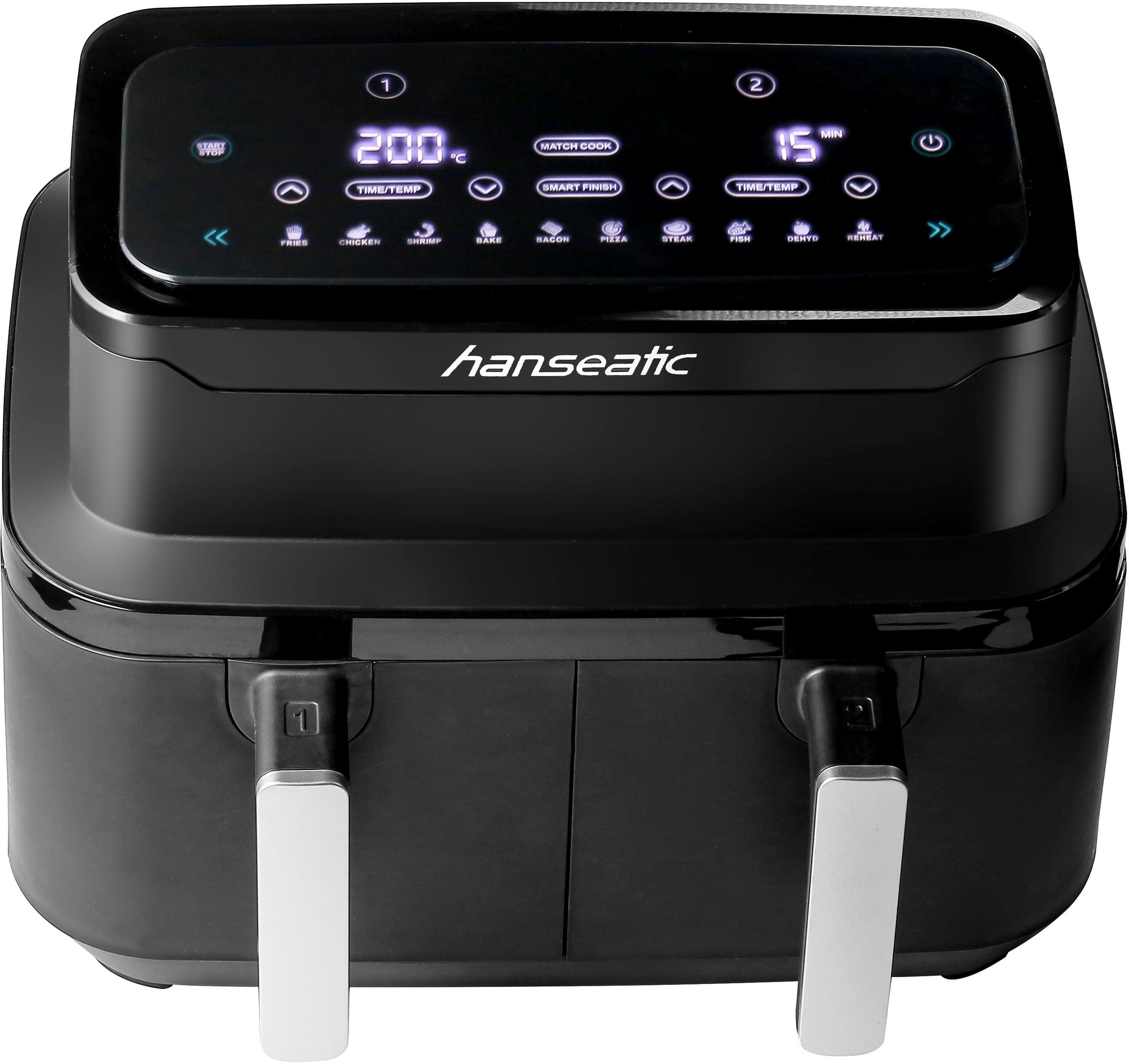 Hanseatic Heißluftfritteuse »HAF212600D  39156050 2in1«, 2600 W, XXL-Volumen 9L mit Dörrfunktion, 2 Einschüben und Touchdisplay.