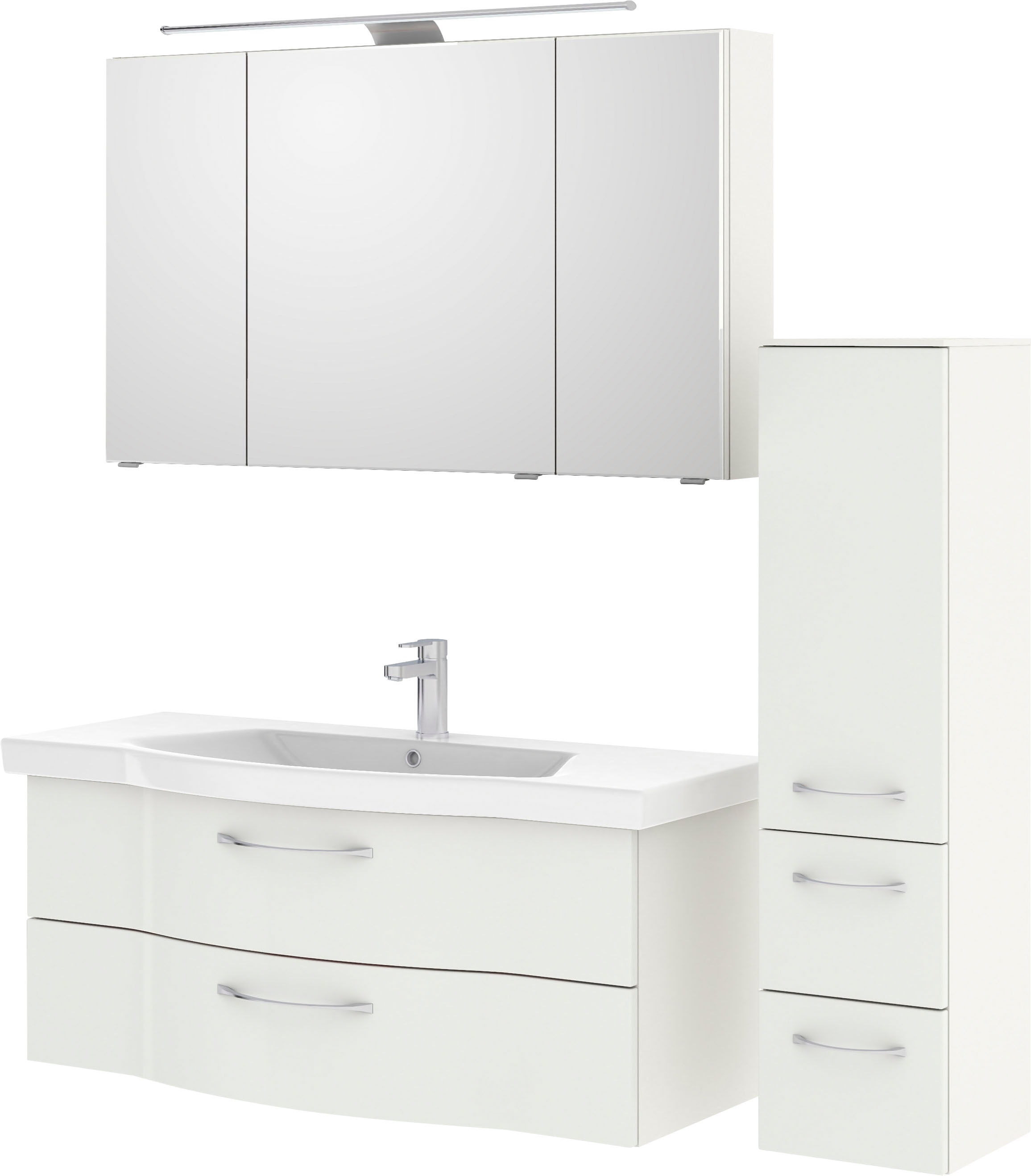 Saphir Badmöbel-Set »6005 Sprint 3-teilig, Keramik-Waschtisch mit LED-Spiegelschrank«, (4 St.), Midischrank, inkl. Türdämpfer, 4 Türen, 4 Schubladen, Bad-Set