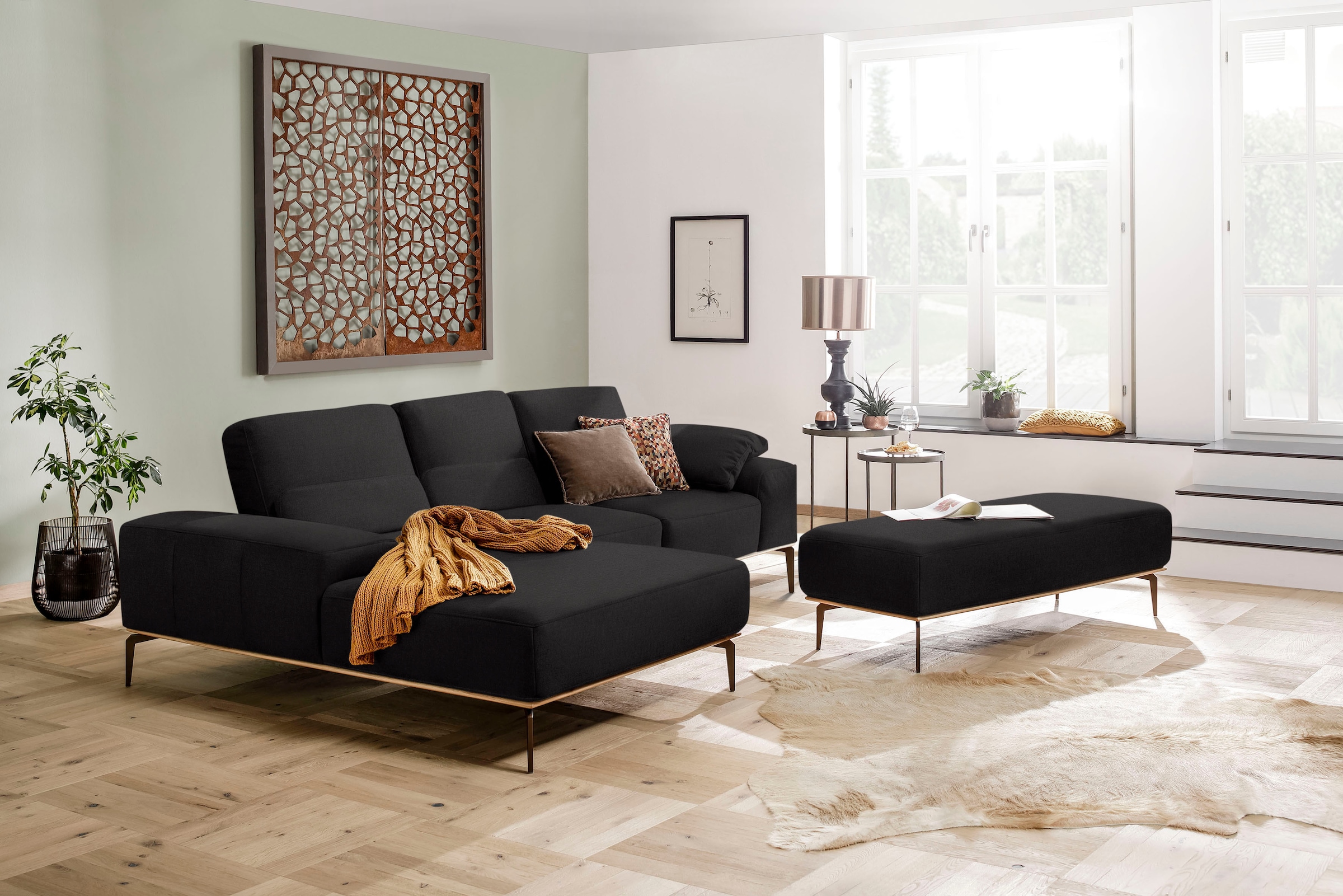 W.SCHILLIG Ecksofa »run, Designsofa mit tollem Sitzkomfort, bequem, L-Form«, mit Holzsockel, Füße in Bronze pulverbeschichtet, Breite 279 cm