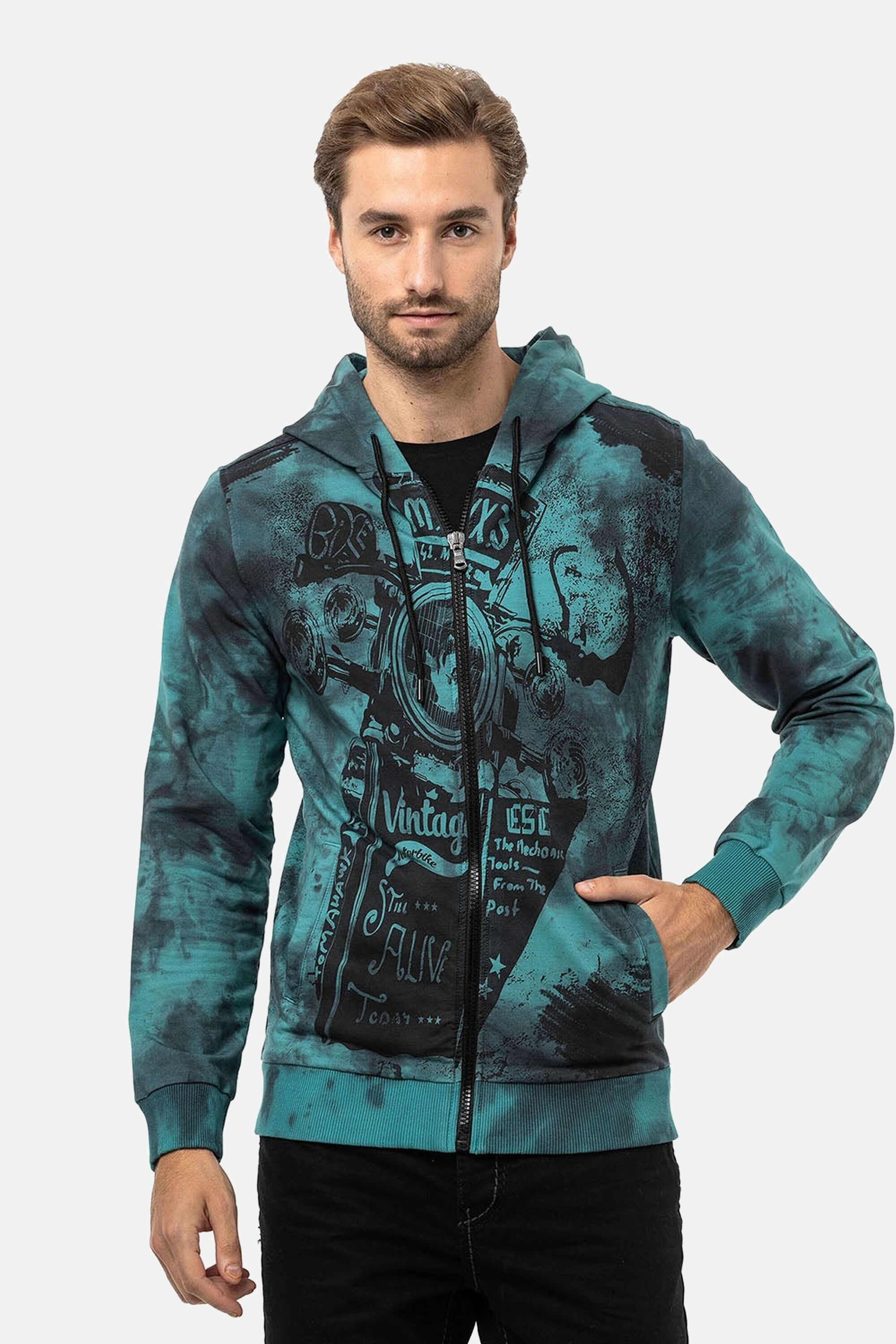 Sweatjacke CIPO & BAXX "Jacken", Herren, Gr. M, grün, 80% Baumwolle, 15% Polyester, 5% Elasthan, bedruckt, Basic, regular fit normal, Rippbündchen, Sweatjacken Sweatjacke, mit Print, CL561