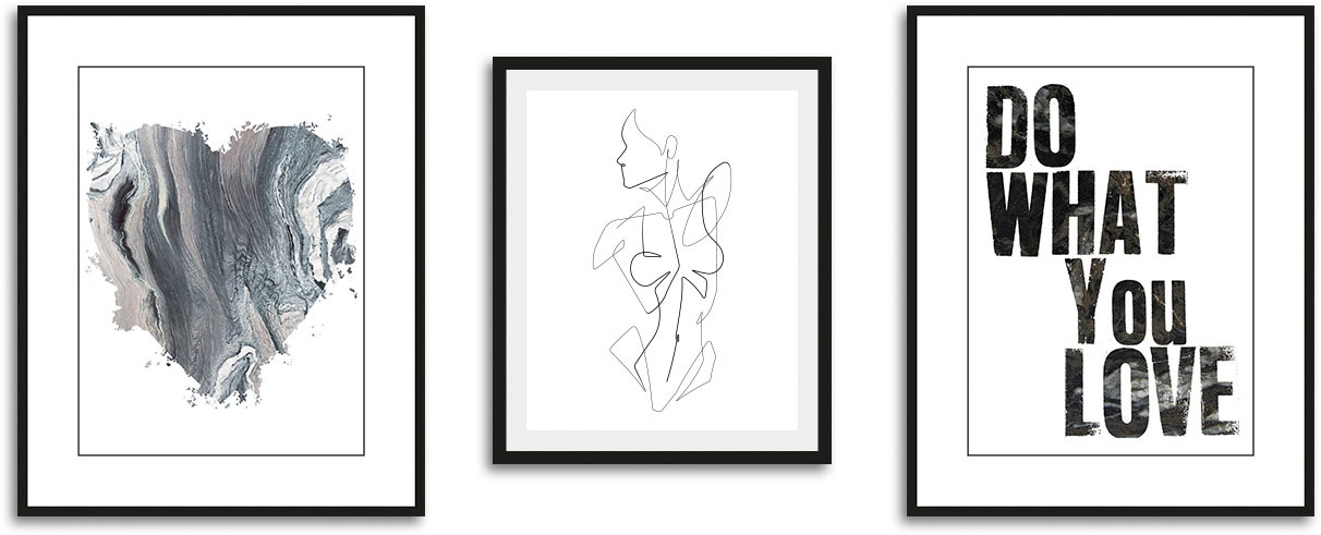 queence Bild »Love«, Abstrakt-Schwarz-Weiß-Fashion-Mode-Magazincover-Frau-Bilder von Frauen-Schriftzug-Sprüche & Texte-Herz-Herzbilder, (3 St.), HD Premium Poster-Druck inkl. Holzrahmen - 3er Set
