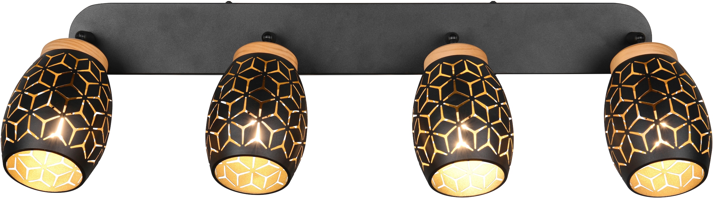 REALITY Leuchten Deckenstrahler »BIDAR 4-flammig, exkl 4x E14 max 10W, Deckenlampe Spots verstellbar«, 4 flammig, Leuchtmittel E14 | Leuchtmittel wechselbar, Metall-Lampenschirm mit Lasercut Muster und Holz-Dekoelementen