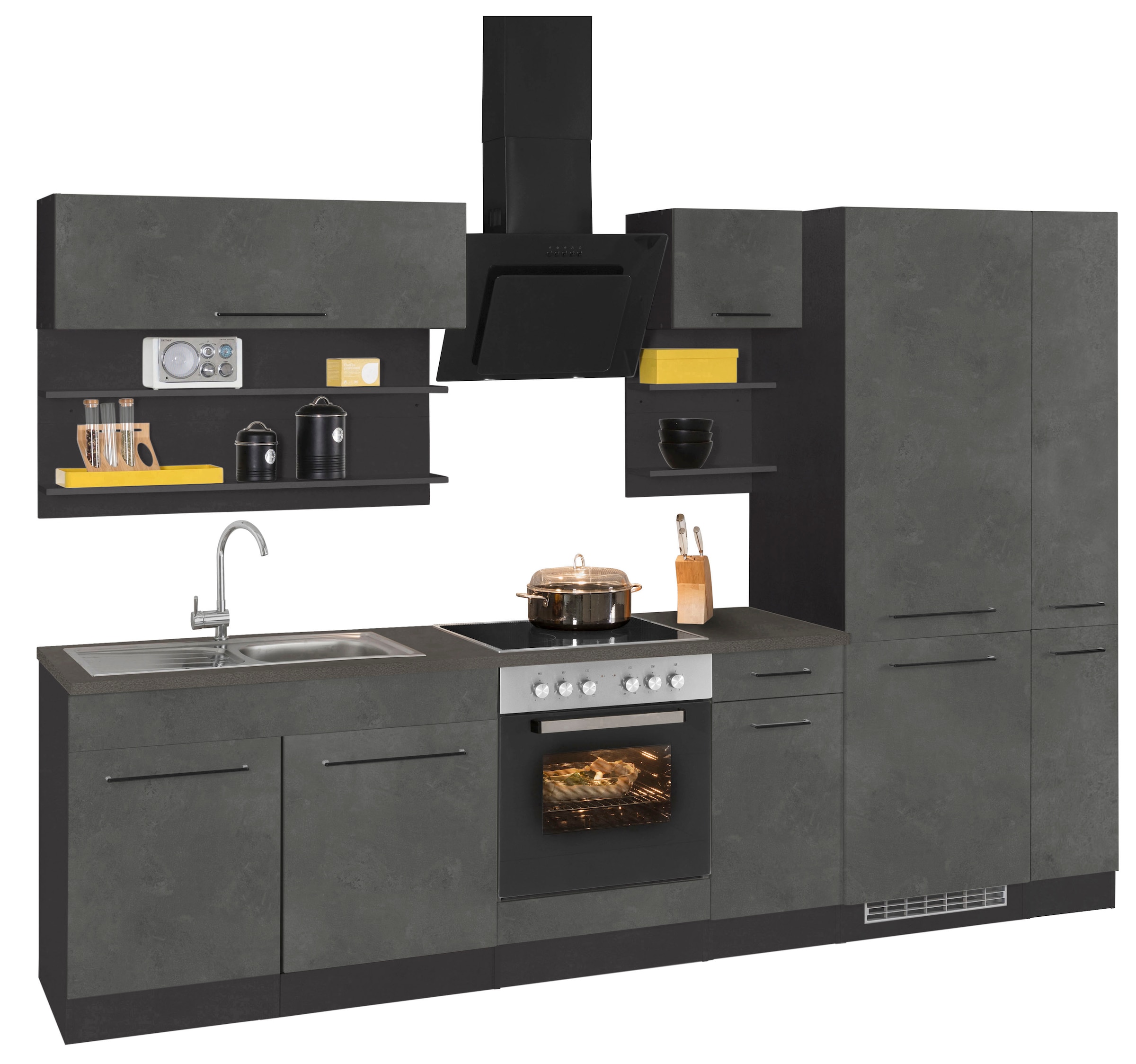 KOCHSTATION Küchenzeile »KS-Tulsa«, ohne E-Geräte, Breite 300 cm, schwarze Metallgriffe, MDF Fronten