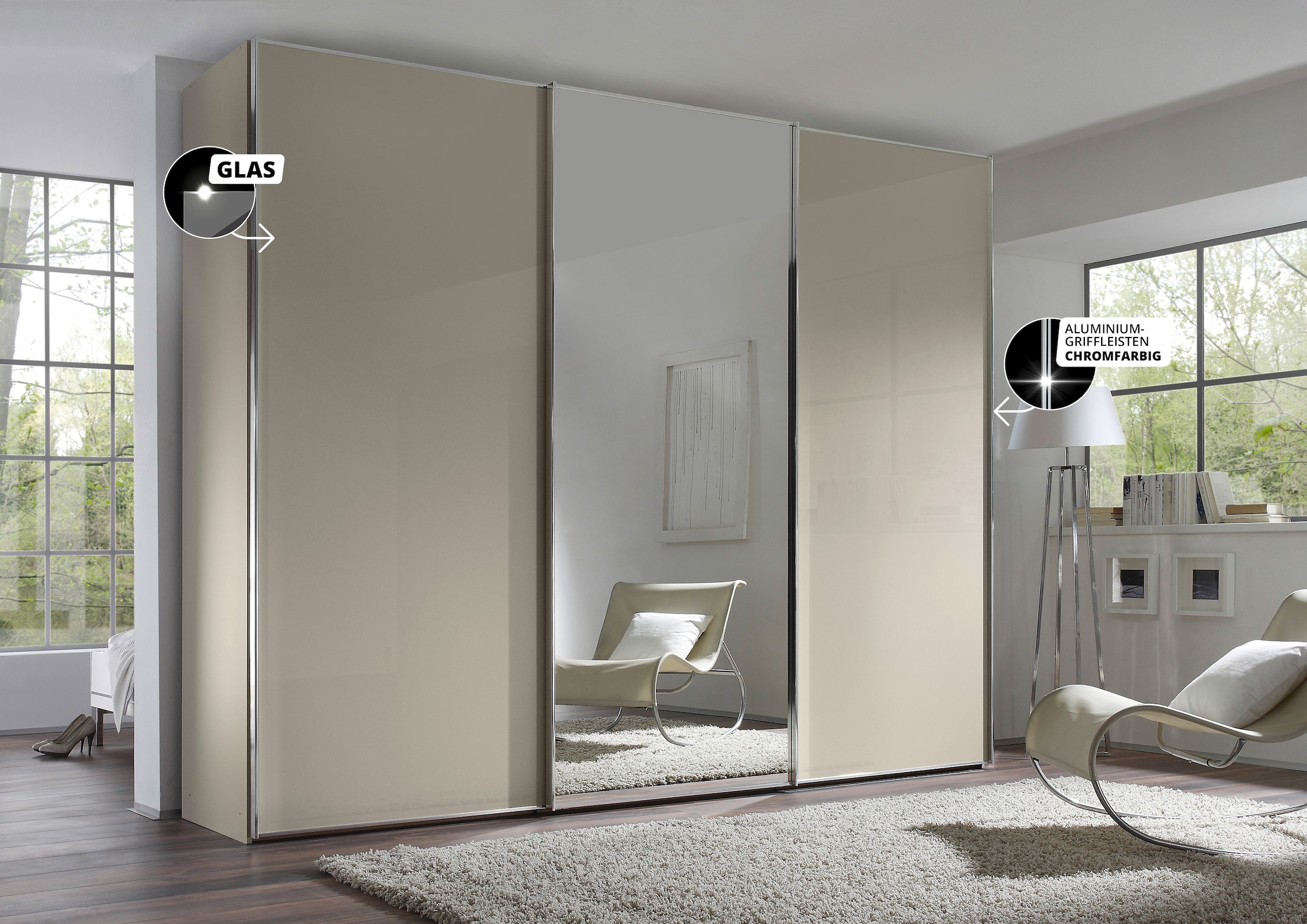 STAUD Schwebetürenschrank »Sinfonie Plus, edles Design in hochwertiger Qualität, Made in Germany«, Mit Spiegeltür und vier verschiedenen Ausstattungsvarianten