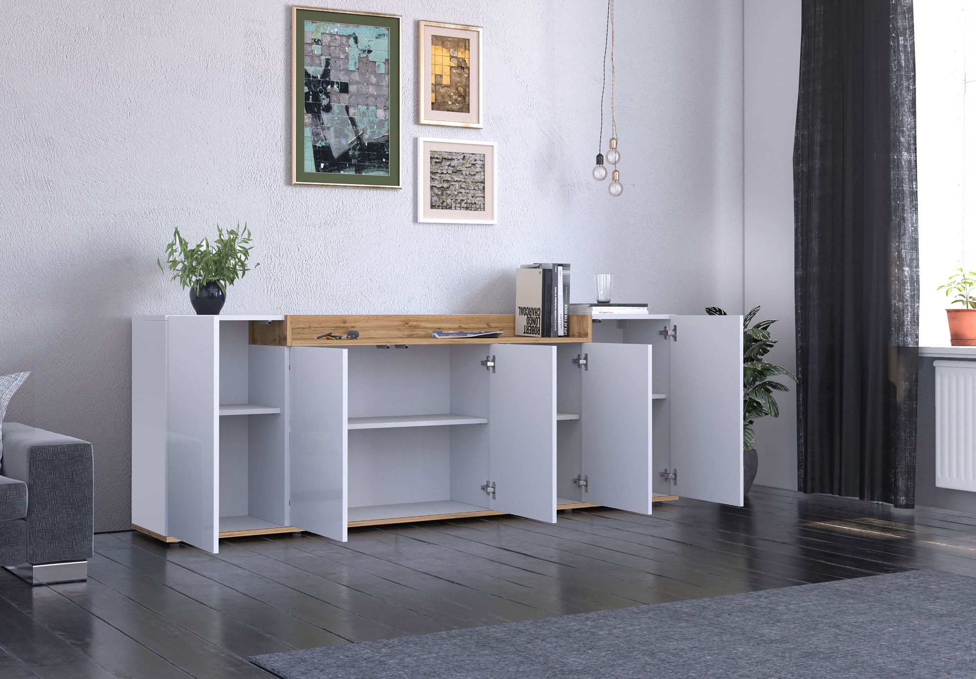 OTTO home Sideboard »BOLSENA, Kommode, Schrank,Lowboard mit 8 Fächer und offenes Ablagefach« 1 Stk. tlg. Breite 200 cm,stehend/hängend,Fronten Hochglanz lackiert,Made in Italy