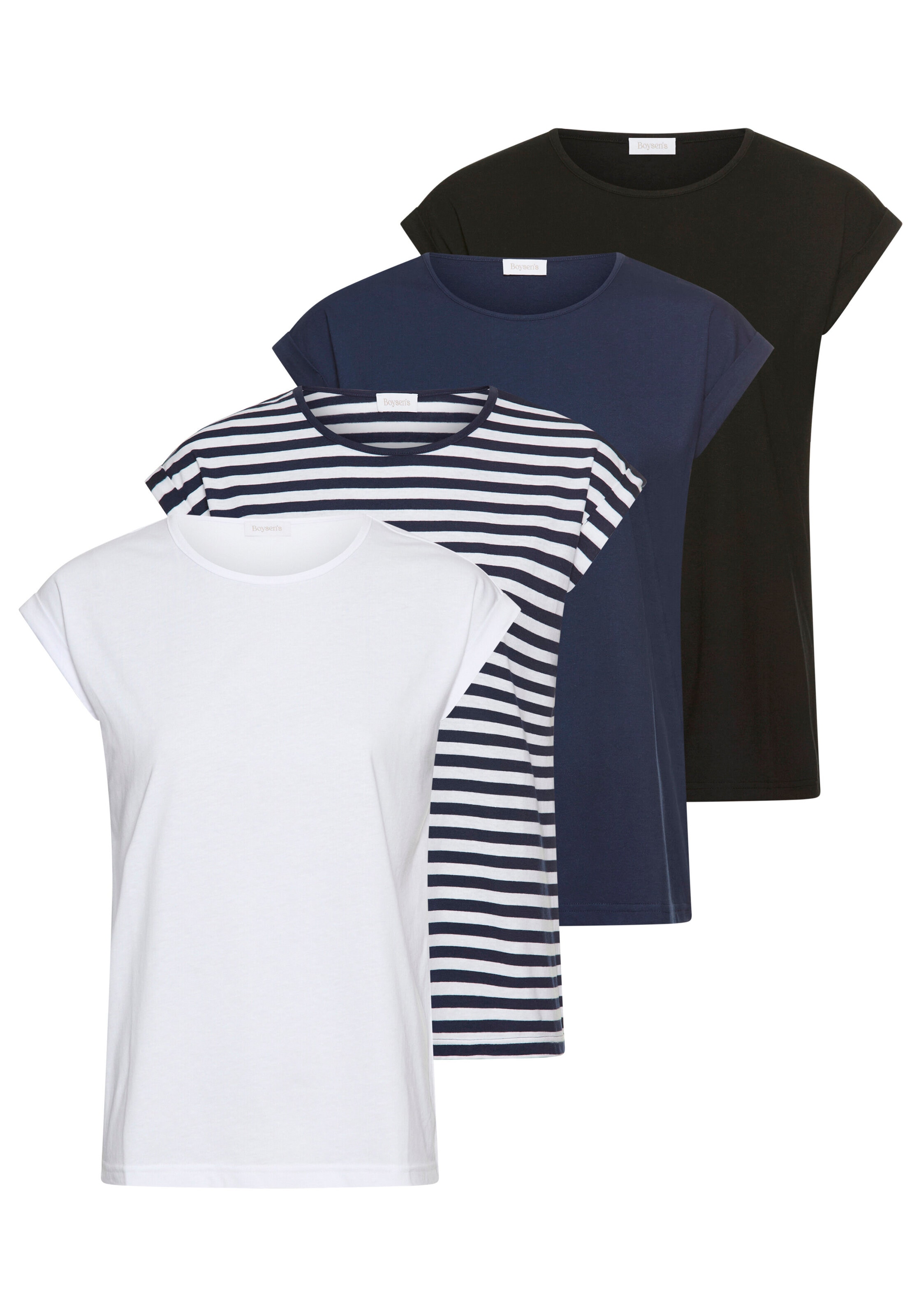 Boysens T-Shirt "im Basic-Stil, weicher Baumwoll-Jersey, viele Farben und Größen" Packung, 4er-Pack, figurumspielende Passform, Rundhalsausschnitt