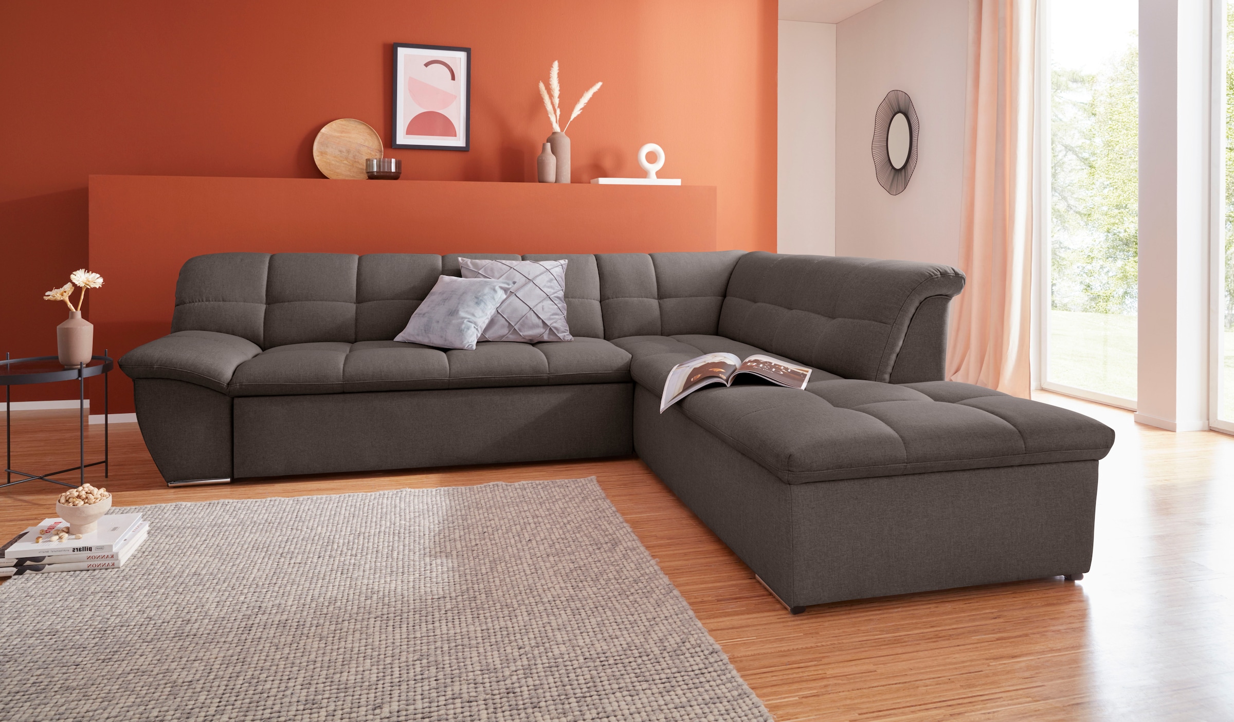 DOMO collection Ecksofa "Lagoa, moderne Sitzheftung, bequem und komfortabel, L-Form" wahlweise mit Bettfunktion, frei im Raum stellbar, große Farbvielfalt