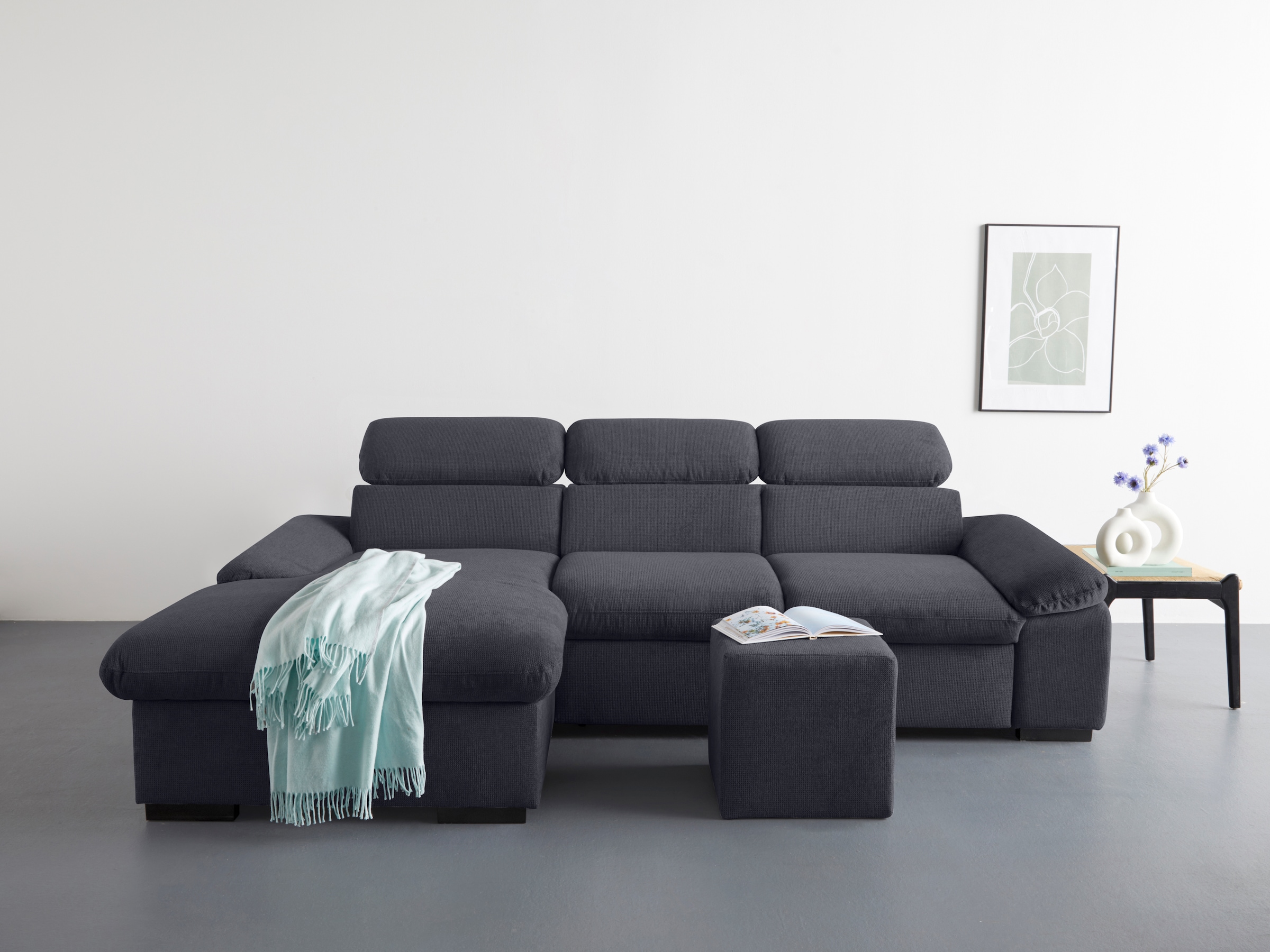 COTTA Ecksofa »Lola L-Form mit Kopfteilfunktion & Hocker«, (Set, mit Hocker), wahlweise mit Bettfunktion, Bettkasten & Armteilverstellung