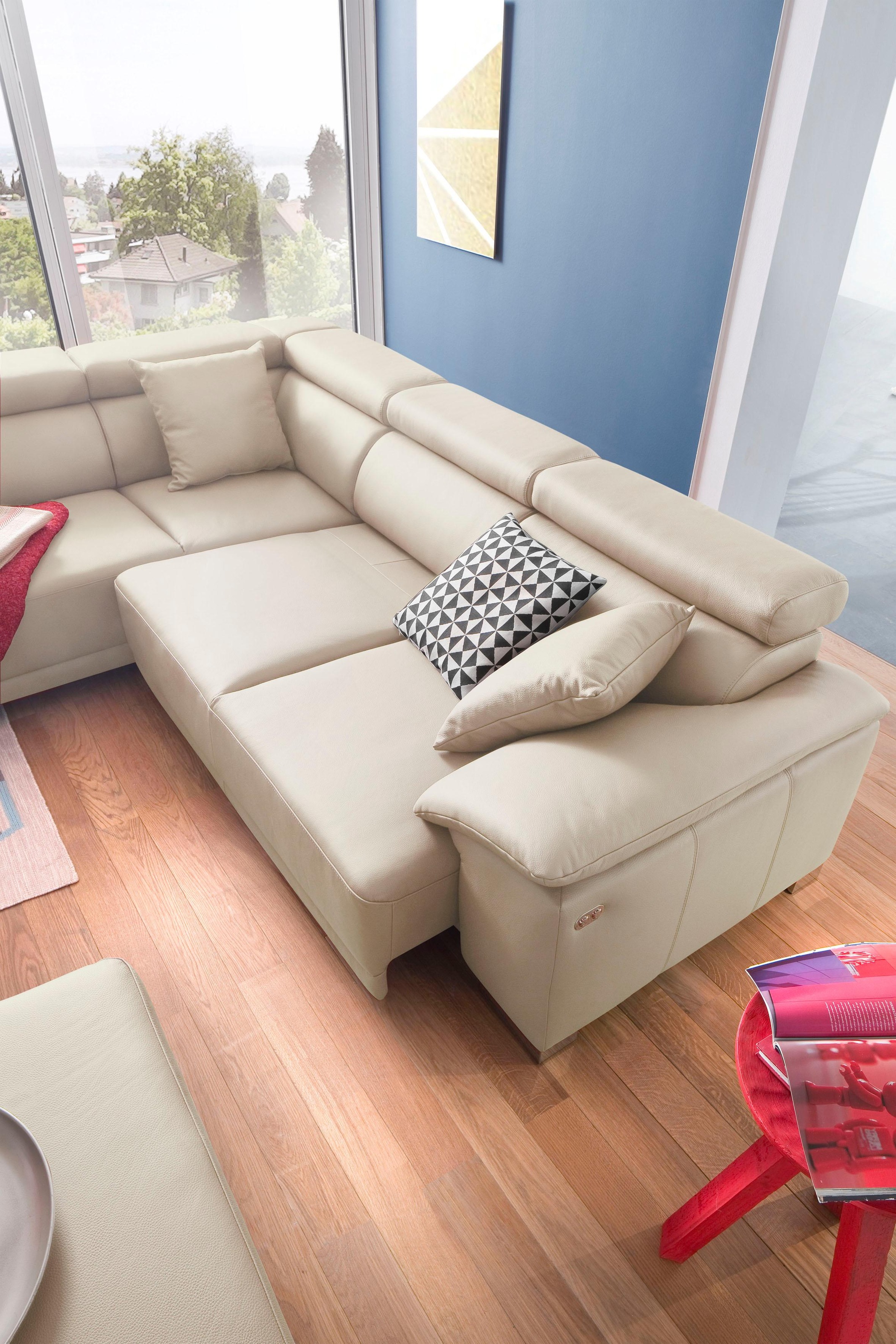 3C Candy Ecksofa »Menorca modern und bequem, OTTOs Choice, L-Form«, Kopfteilverstellung, wahlweise elektronischer Sitzvorzug, in Dickleder