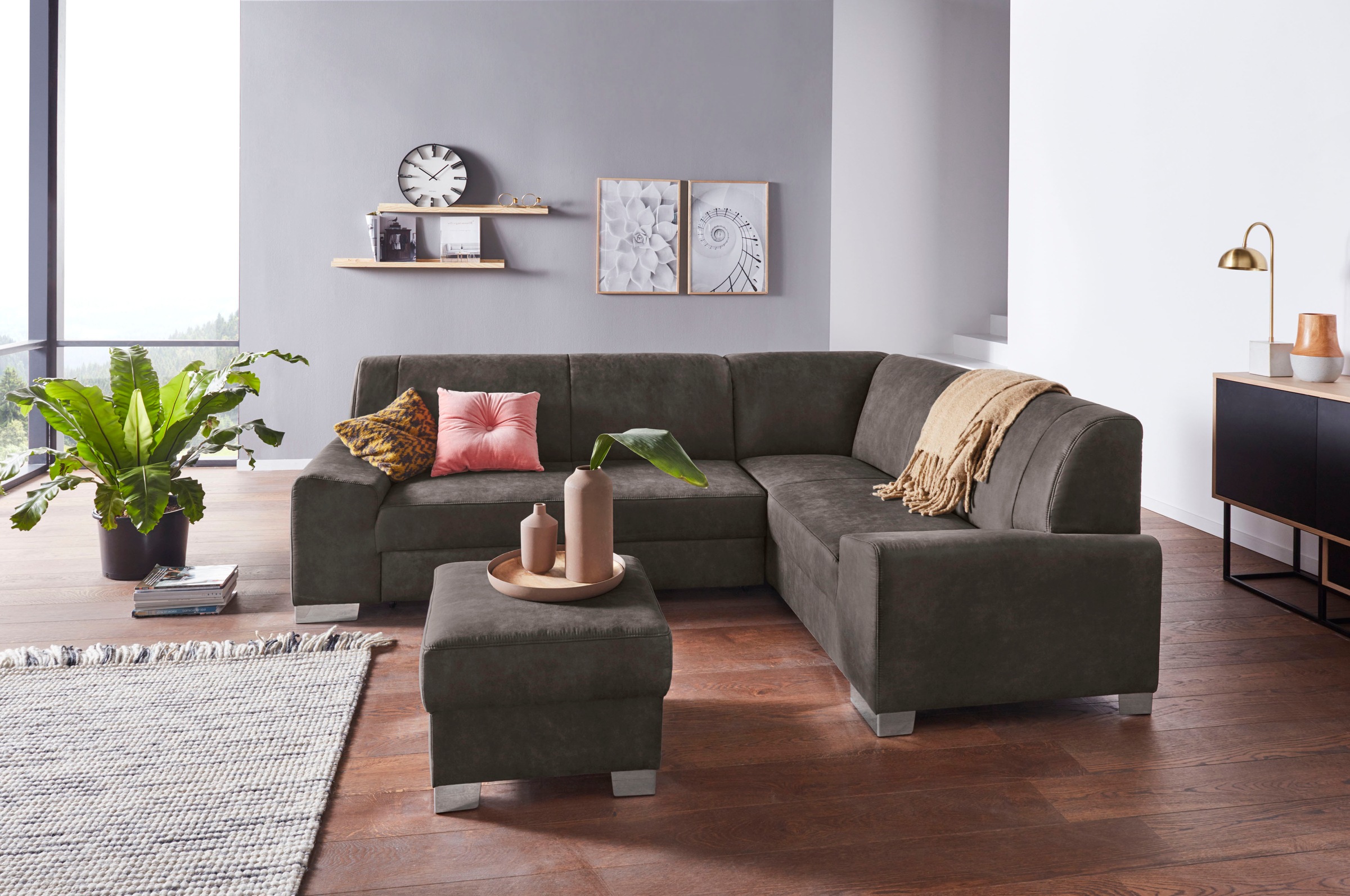DOMO collection Ecksofa »Anzio in kubischer Formensprache, flache Armlehnen, L-Form«, Wahlweise mit Bettfunktion und Federkern für hohen Sitzkomfort