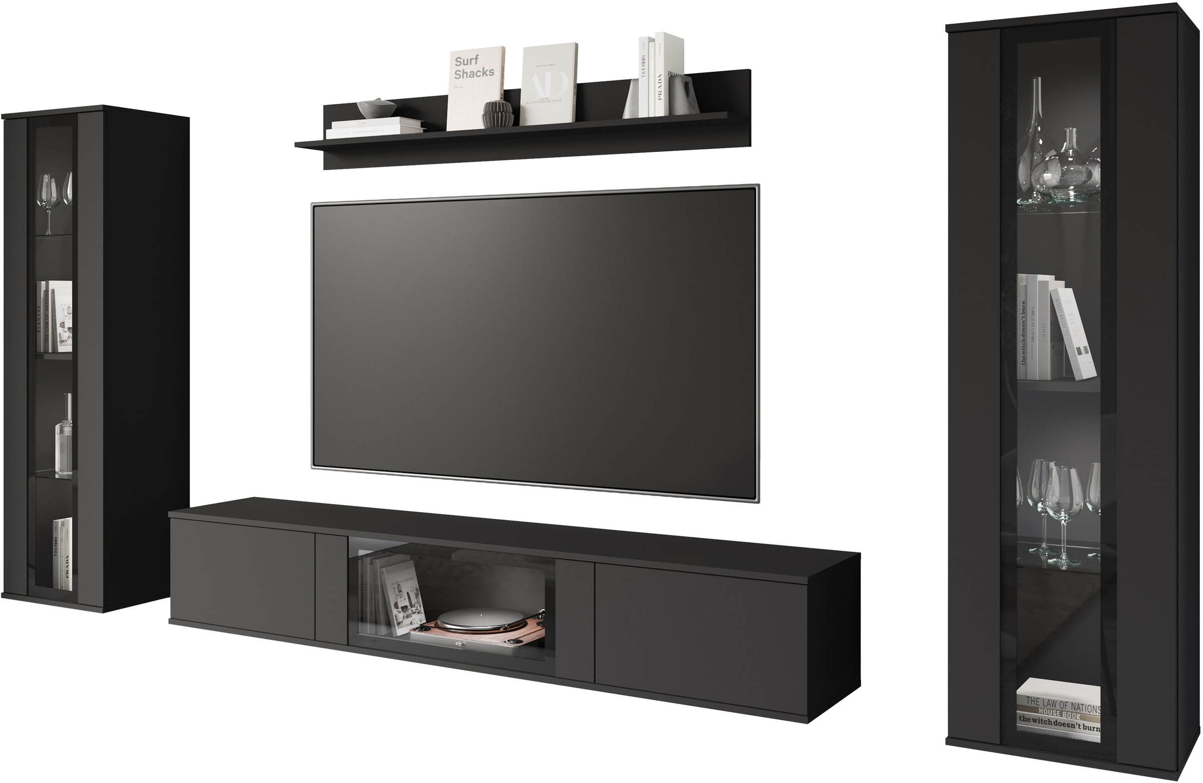 INOSIGN Wohnwand »Caro, stehend und hängend montierbar«, (Komplett-Set, 4 St., Vitrine Türanschlag links/rechts wechselbar), grifflose Design, höhenverstellbare Einlegeböden