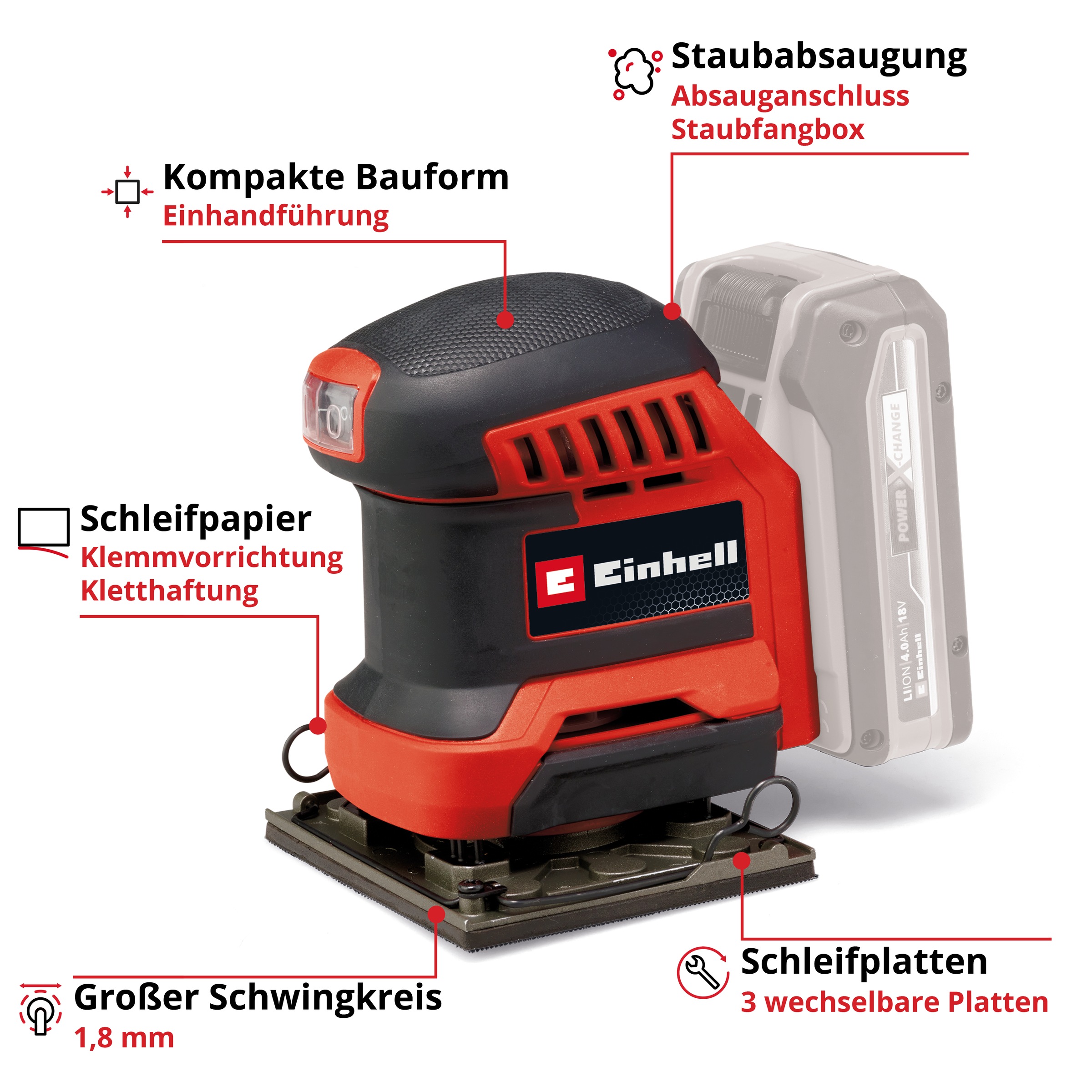 Einhell Akku-Schwingschleifer »Faustschleifer TE-OS 18/113 3X Li - Solo«, mit Aufbewahrungstasche und 3x Schleifpapier, ohne Akku und Ladegerät