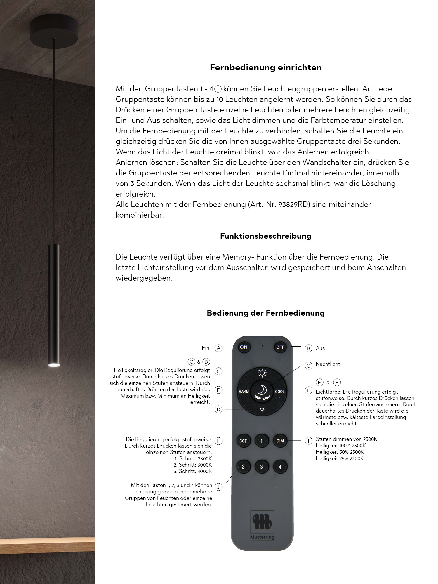 Musterring LED Pendelleuchte »CALINA, 1-flammige LED Hängelampe 3W 330 Lumen 2300-4000K CCT« LED-Board 1 Stk. warmweiß - kaltweiß mit Fernbedienung, Höhe einstellbar bis 150cm, dimmbar, Memory