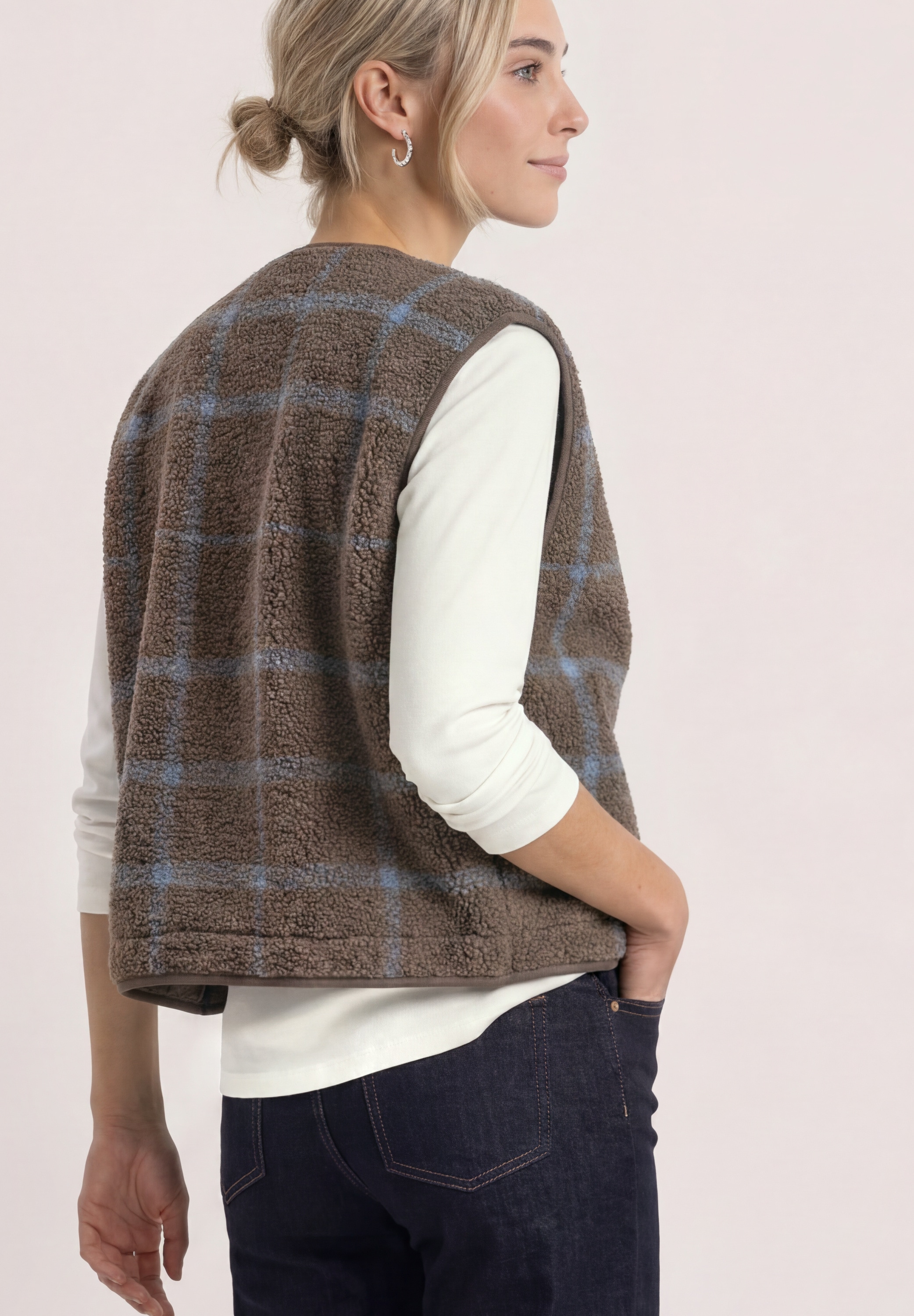 STREET ONE Plüschweste mit Zipper und Print / Kariert