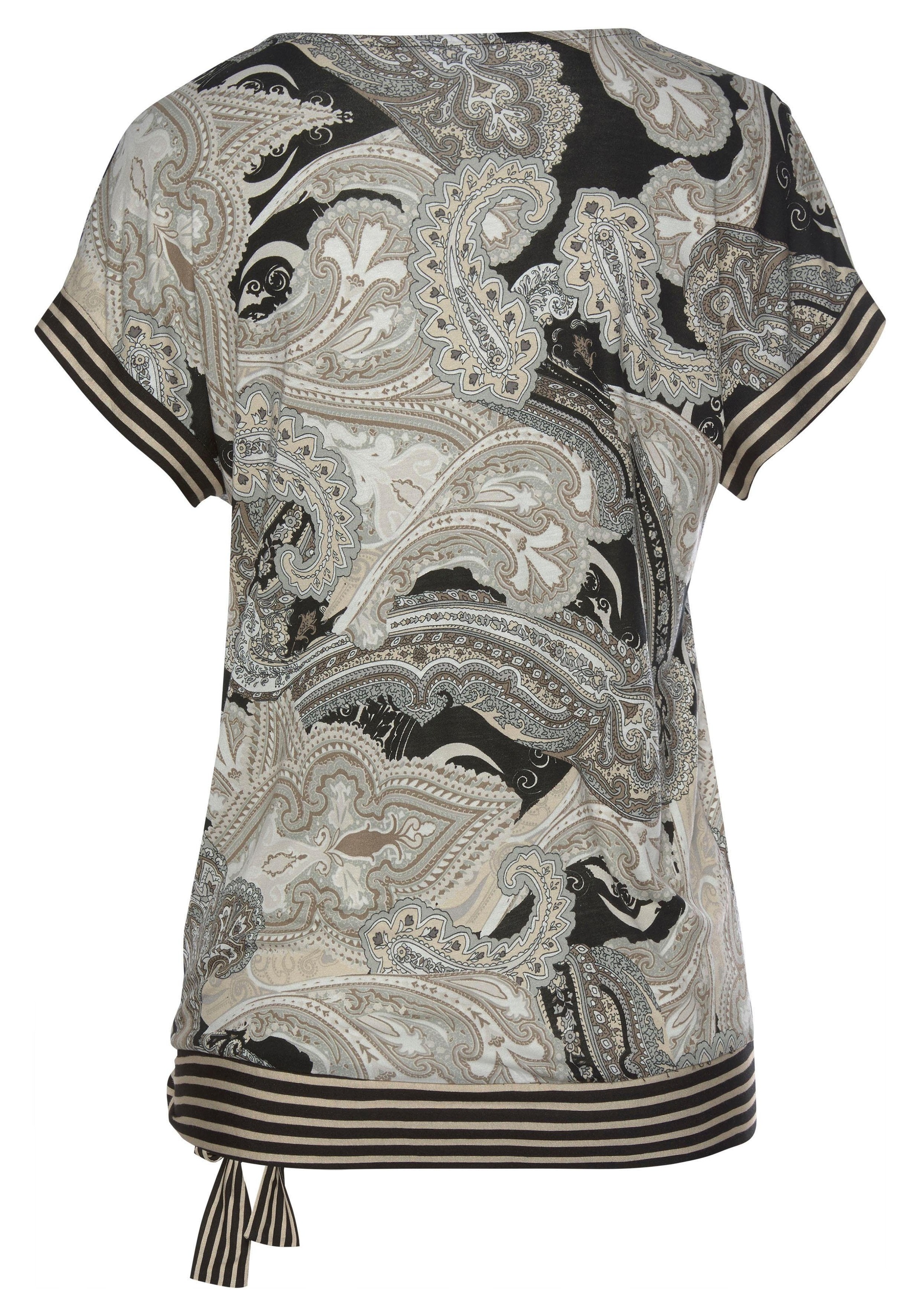 Kurzarmshirt LASCANA, Damen, Gr. 32/34, grau (schwarz, taupe, bedruckt), Jersey, Obermaterial: 100% Viskose, figurumspielend hüftlang, V-Ausschnitt, Shirts, mit Paisleyprint und Schleifendetail, V-Ausschnitt, Blusenshirt, Topseller 3