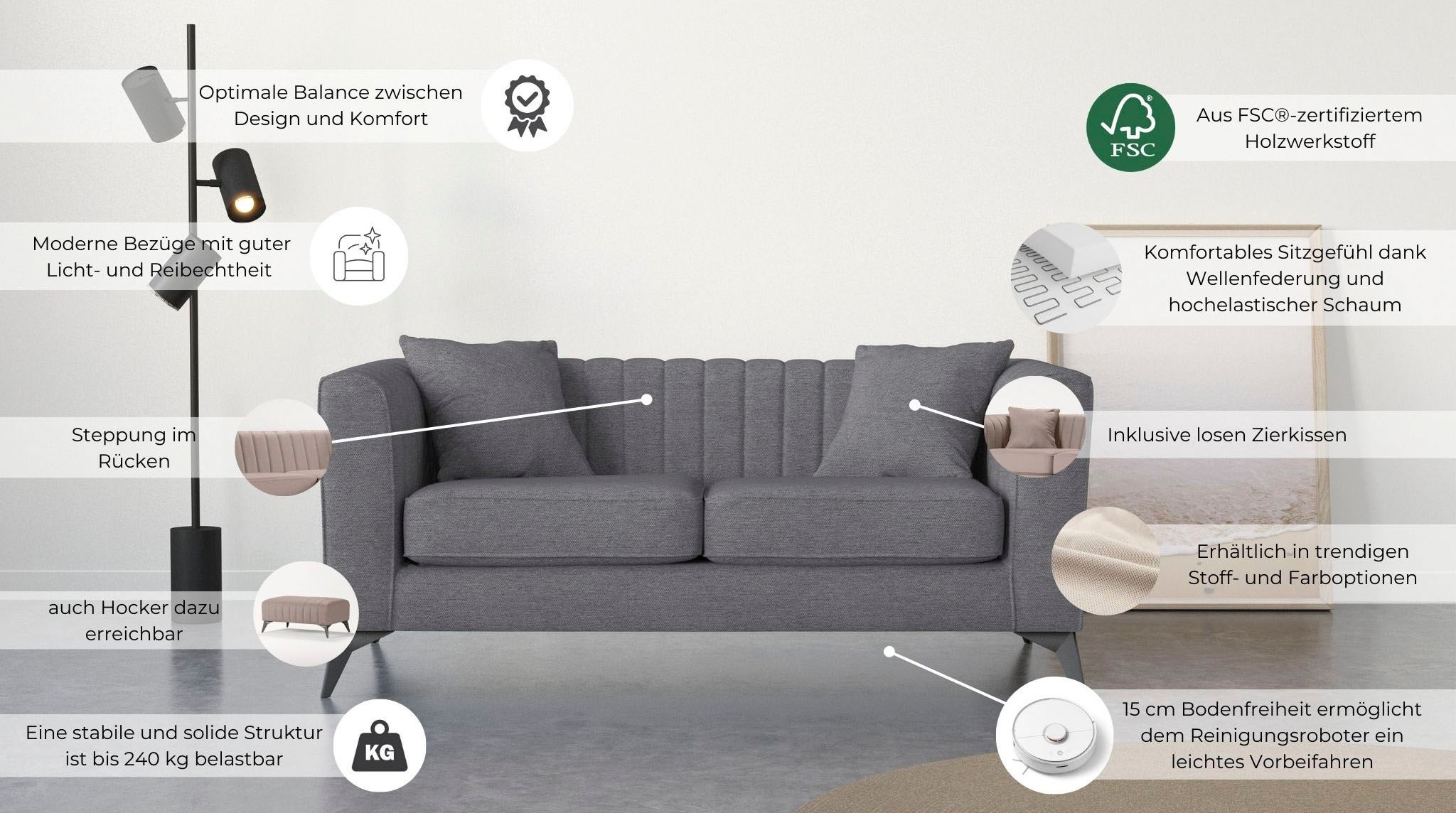Places of Style 2-Sitzer »MATTHEW elegantes Designsofa, Maße B/T/H: 170/86/74 cm«, Steppung im Rücken, lose Sitzkissen, incl. Zierkissen