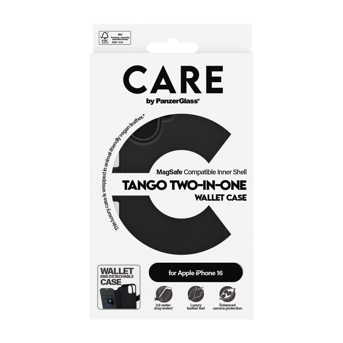 CARE by PanzerGlass Handyhülle »Case Feature Tango 2-in-1 Wallet Case Apple iPhone 16«, Backcover, Schutzhülle, Handyschutzhülle, Case, Schutzcase, stoßfest