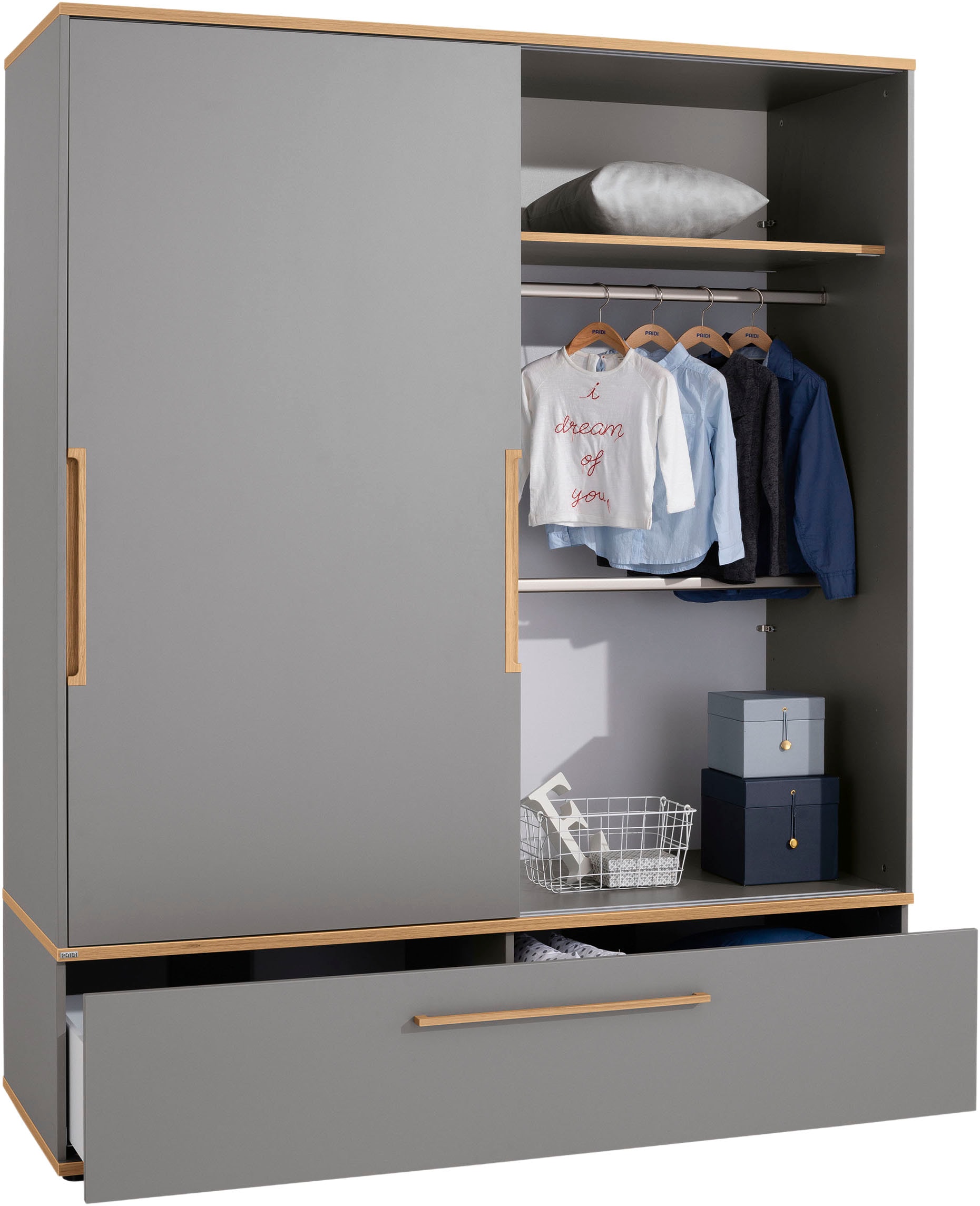 PAIDI Schiebetürenschrank »STIENE in Beige oder Grau, 2 Türen und 1 Schublade mit Soft-Close« B/H/T ca. 164/200/62cm,  mit Kleiderstangen+Einlegeböden, Kleiderschrank mit Massivholzgriffen