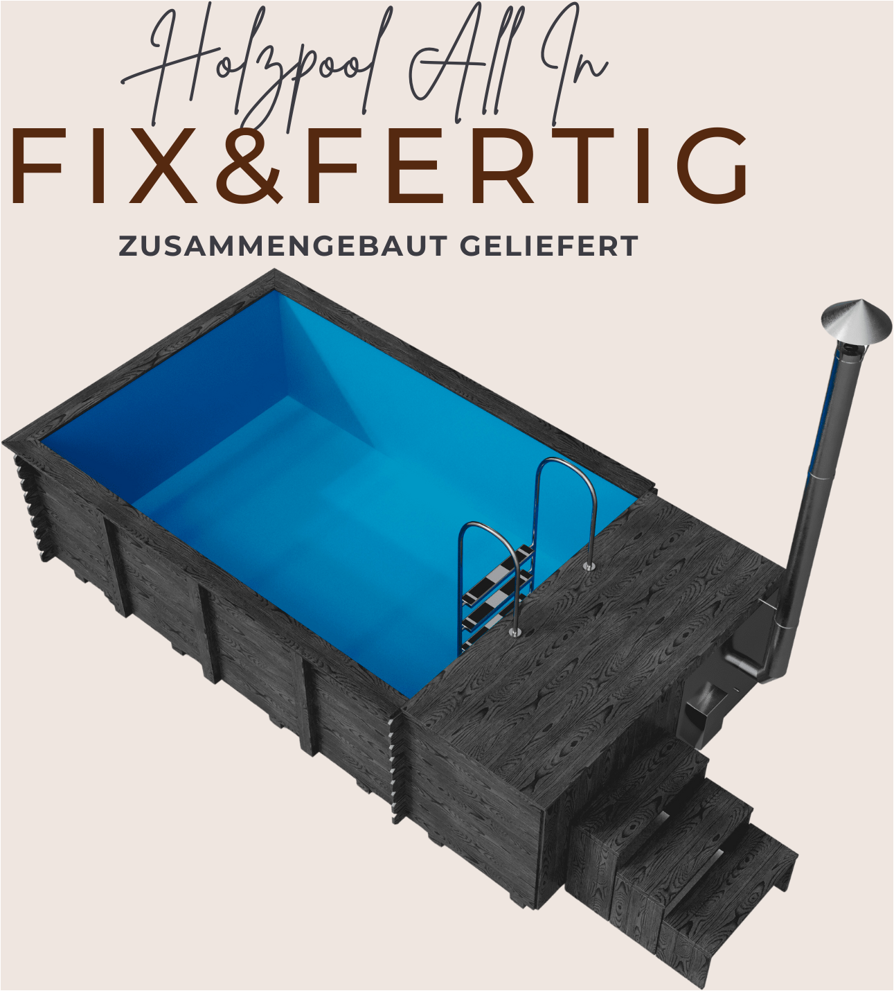 EDEN Holzmanufaktur Rechteckpool »Fix&Fertig All In«, (Set, 6 tlg.), inkl. Dämmung, Sandfilter, Skimmer, LED, Holzofen