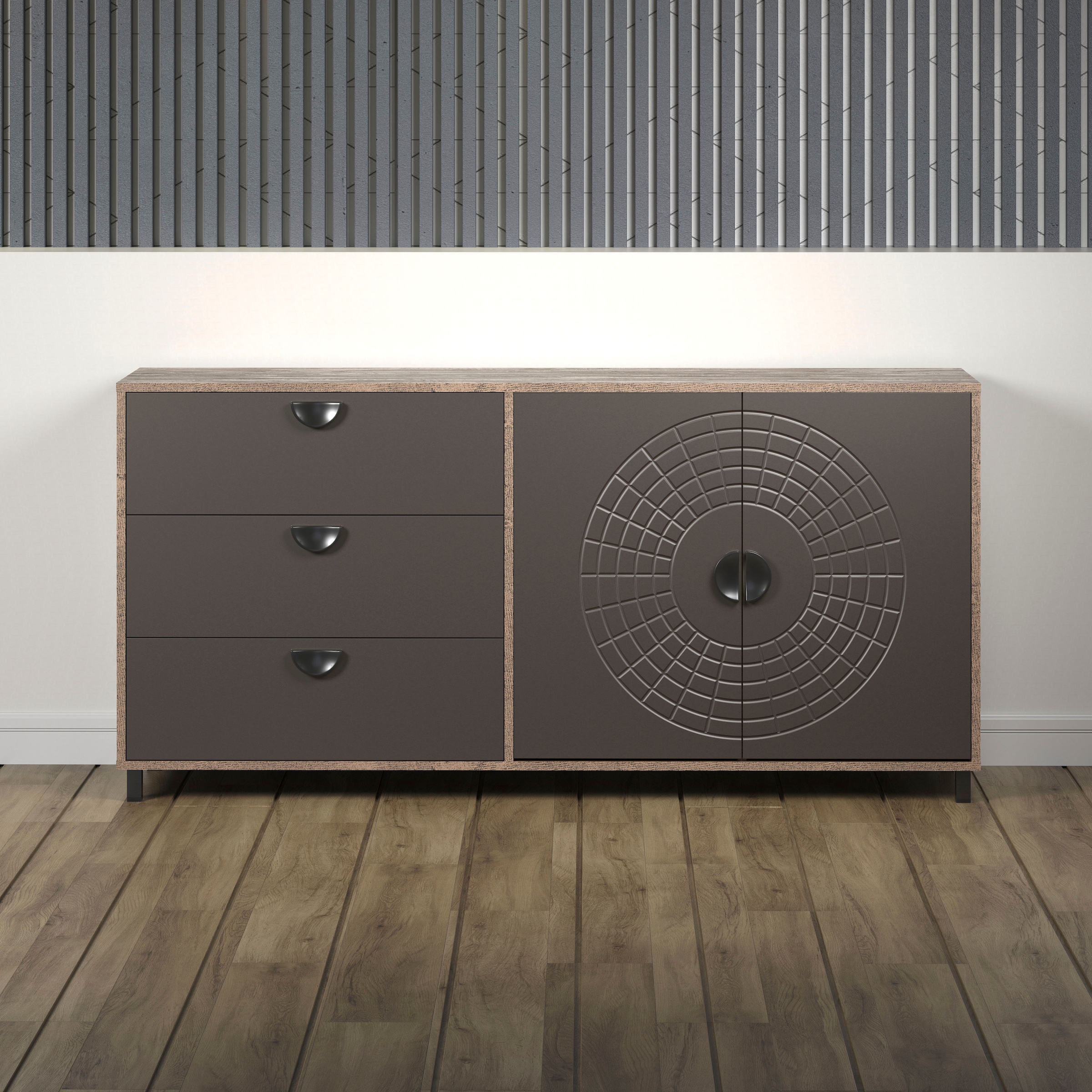 Home affaire Sideboard »Fusion« 1 Stk. tlg. Kommode mit markantem Kreismuster - Antikoptik - (B/T/H) 176/42/86 cm