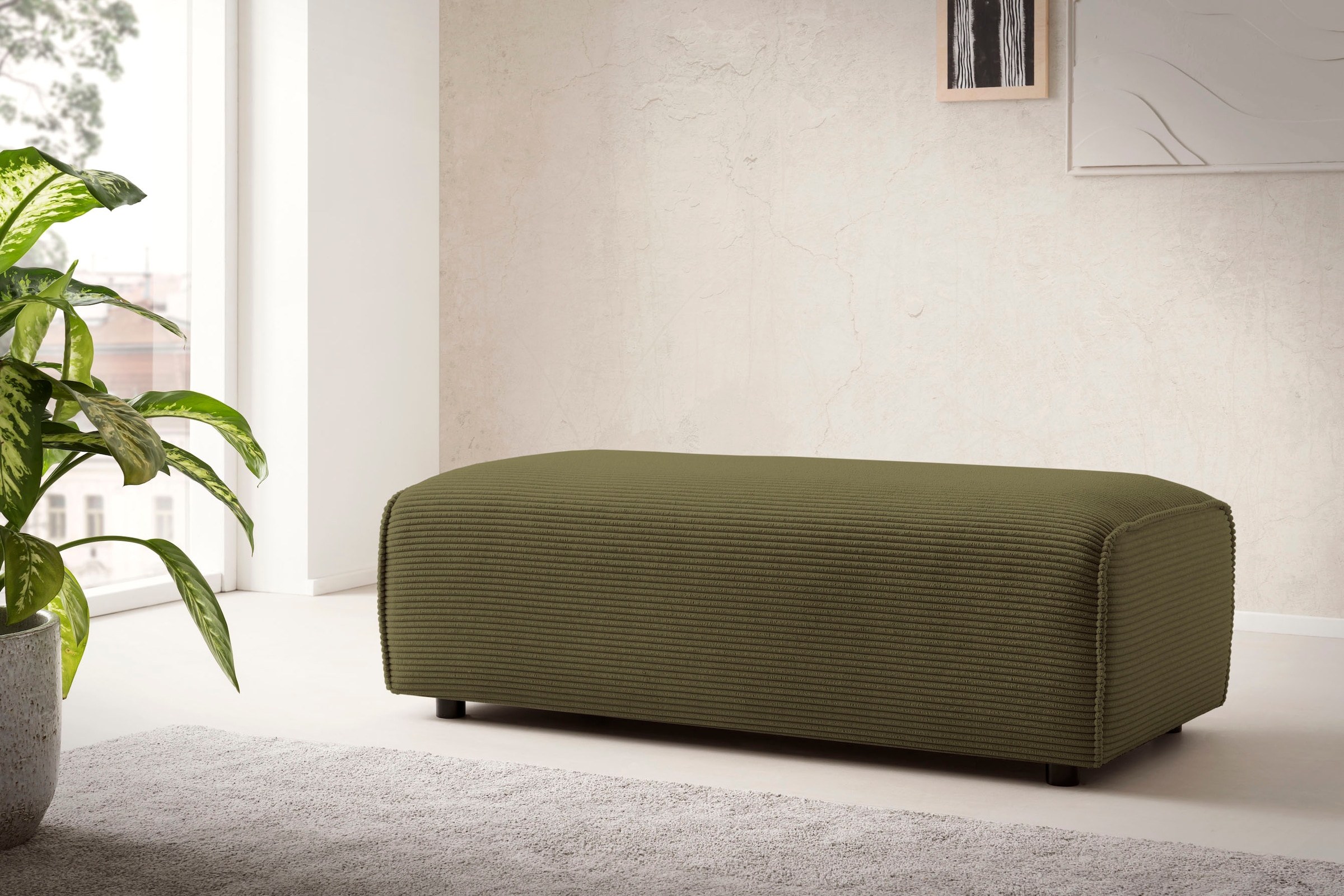 LeGer Home by Lena Gercke Hocker »PIARA, Polsterhocker mit Kedernaht in Cord oder Leinenoptik«, zur Serie PIARA, rechteckig, schwarze Füße, bequemer Sitzkomfort