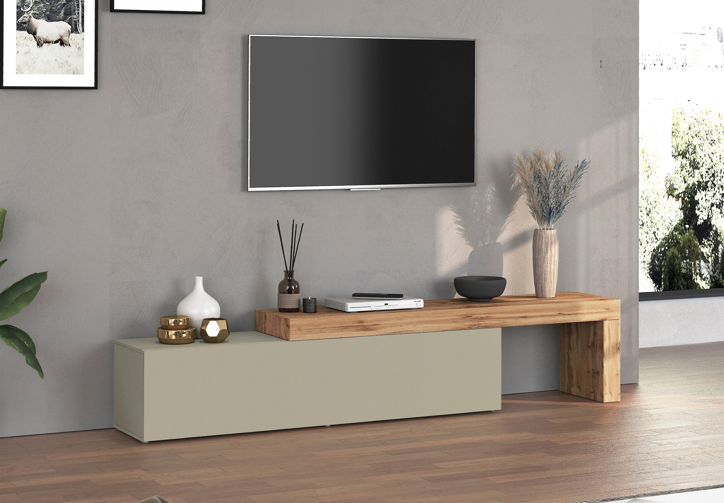 INOSIGN Lowboard »Chronos TV-Board, TV-Schrank«, (1 St., Breite verstellbar von 190 bis 350 cm), Breite 270 cm TV-Board,Lowboard,1 Klappe und ein L-Förmiger Aufsatz