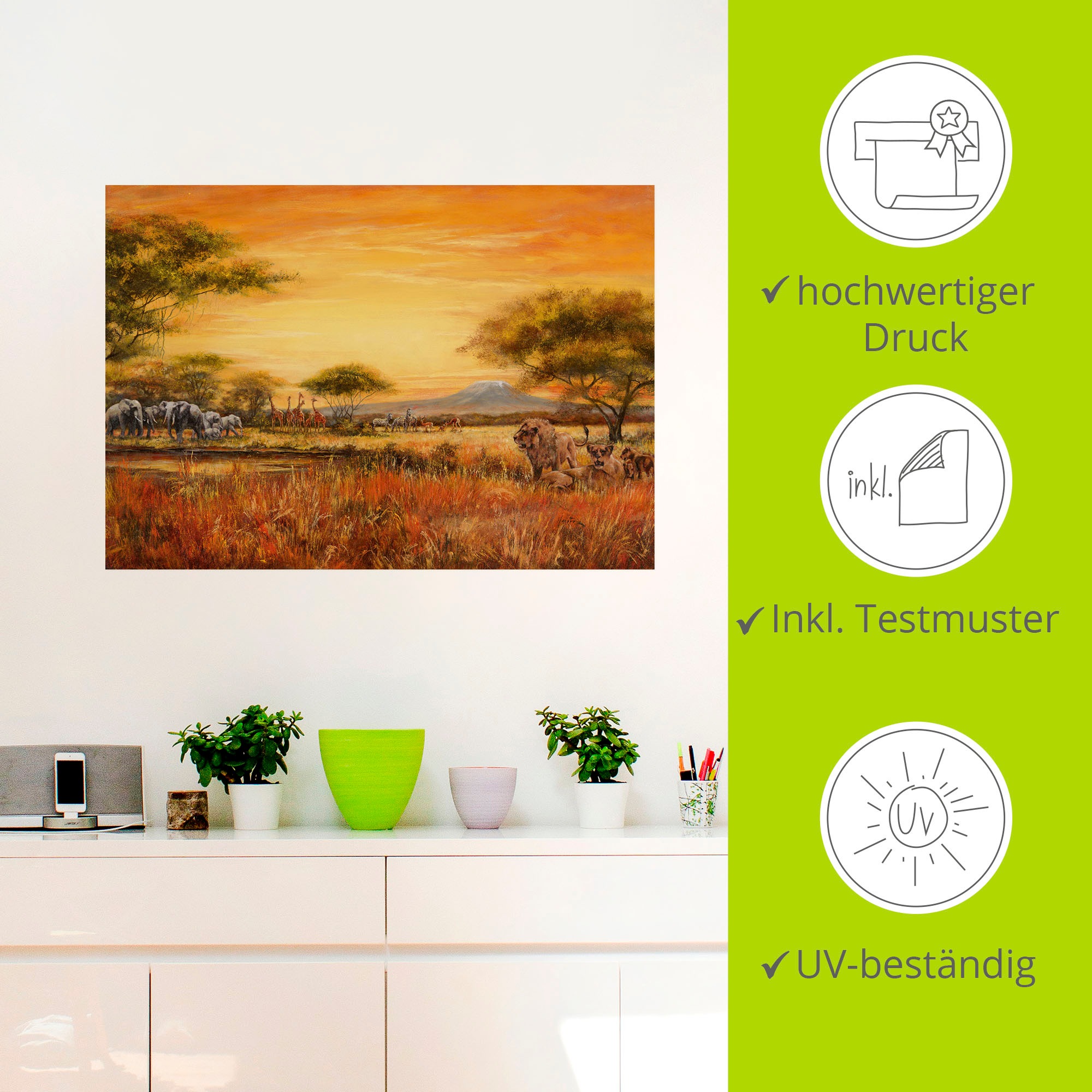 Artland Wandbild »Afrikanische Steppe mit Löwen«, Afrika, (1 St.), als Alubild, Outdoorbild, Leinwandbild, Poster, Wandaufkleber