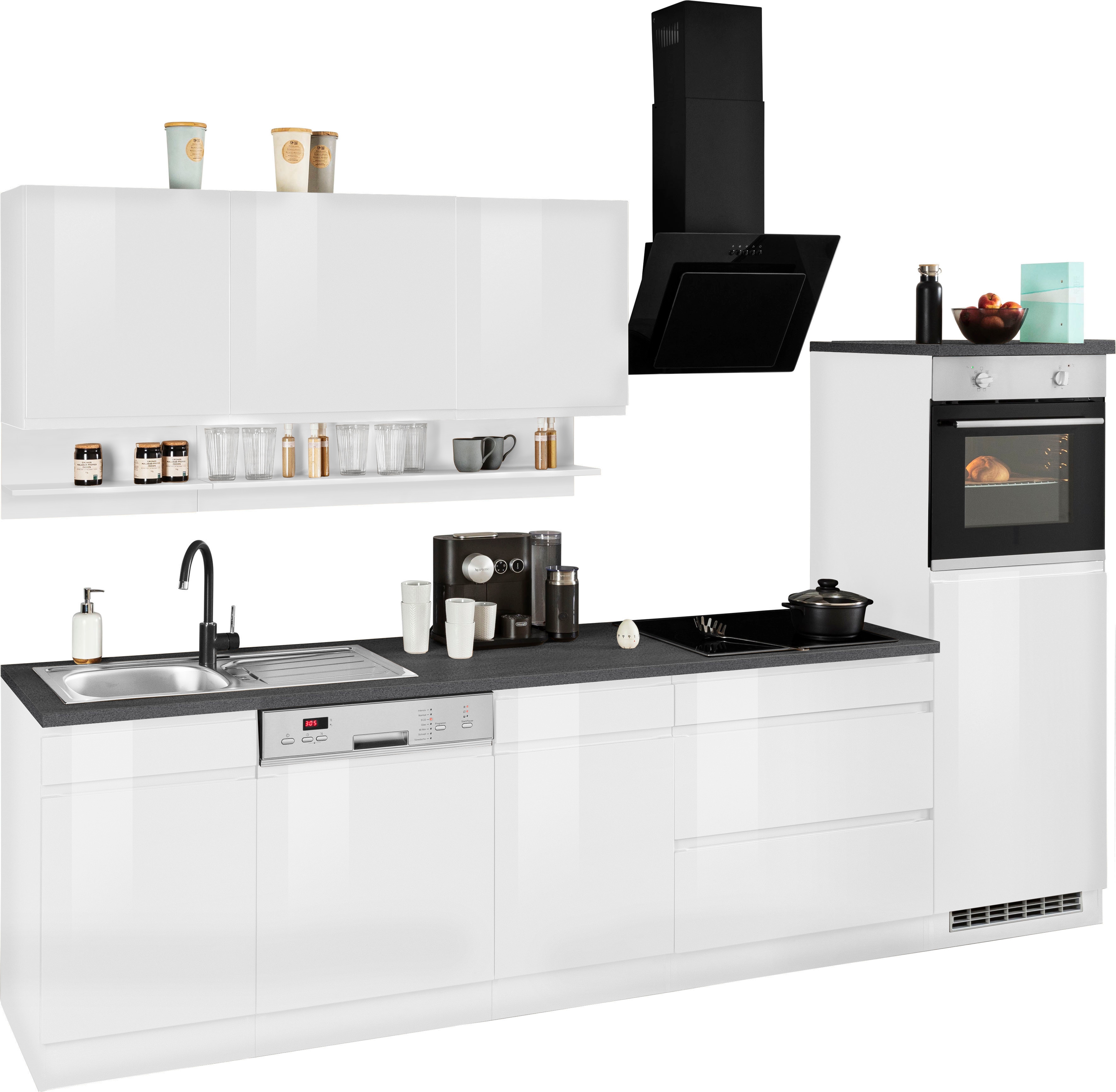 KOCHSTATION Küchenzeile "KS-Virginia,neu in verbesserter Ausführung" Arbeitsplatte 38 mm stark, Stauraum, Softclose, Breite 300 cm, Soft-Close, wahlweise mit E-Geräten