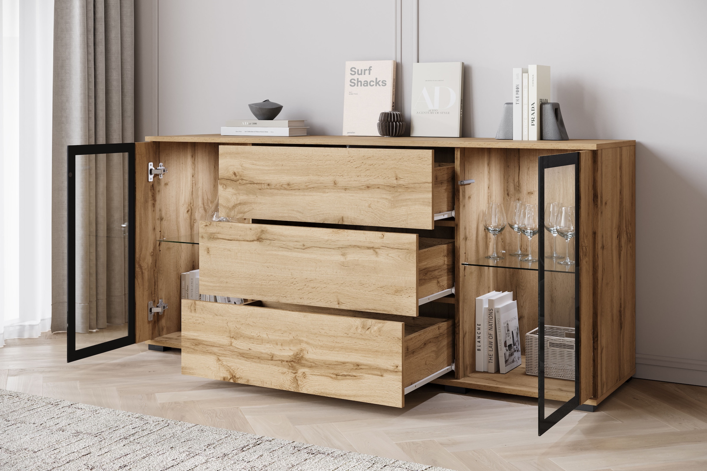 INOSIGN Sideboard »modernes Design mit Glaseinsätzen und 3 Schubladen, Breite 150 cm«, (1 St.), Grifflose Fronten mit Push-to-Open, höhenverstellbare Einlegeböden